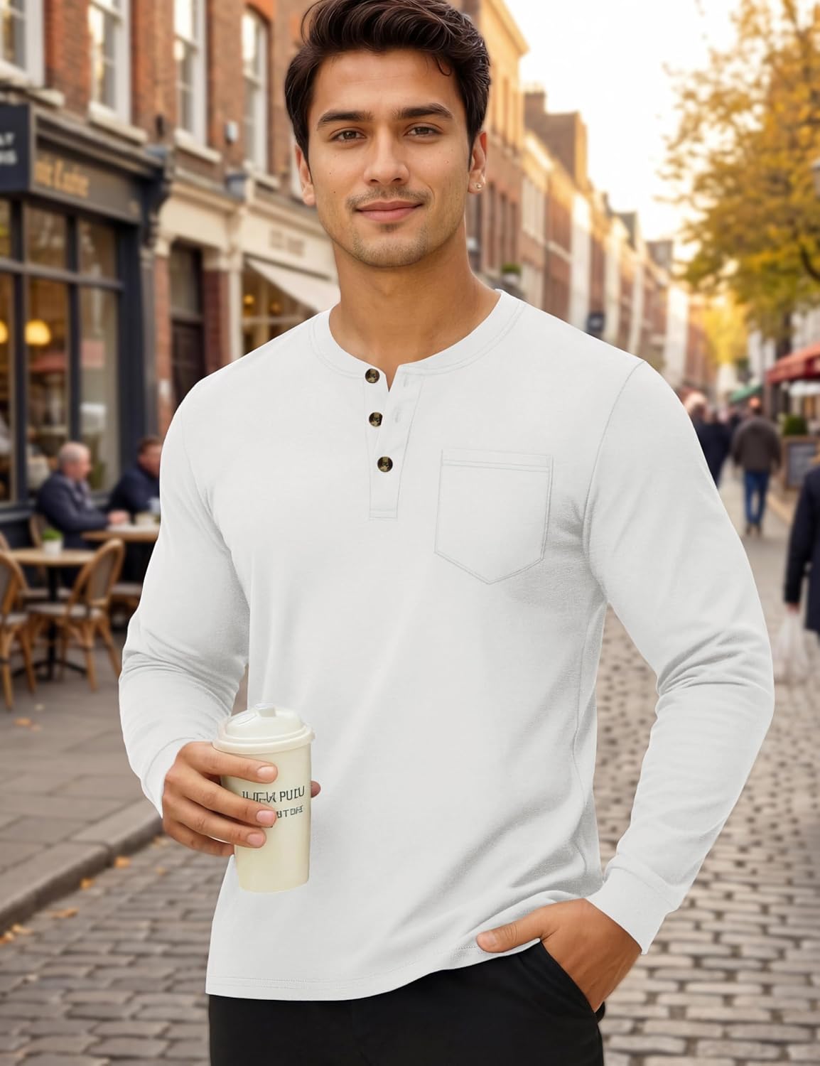 MAGNIVIT Mens Henley Shirts Long Sleeve with Pocket Fall Cotton Casual T-Shirts Plain Moisture Wicking Tee with 3 Button - Image 2
