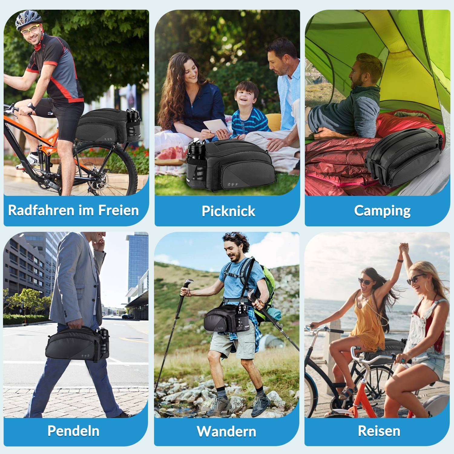 Eyein Fahrradtasche für Gepäckträger 12L - Mit Regenschutz - Wasserfest & Reflektierend Fahrrad Gepäckträgertasche als Umhängetasche und Handtasche - Mit Schultergurt und Flaschenhalter