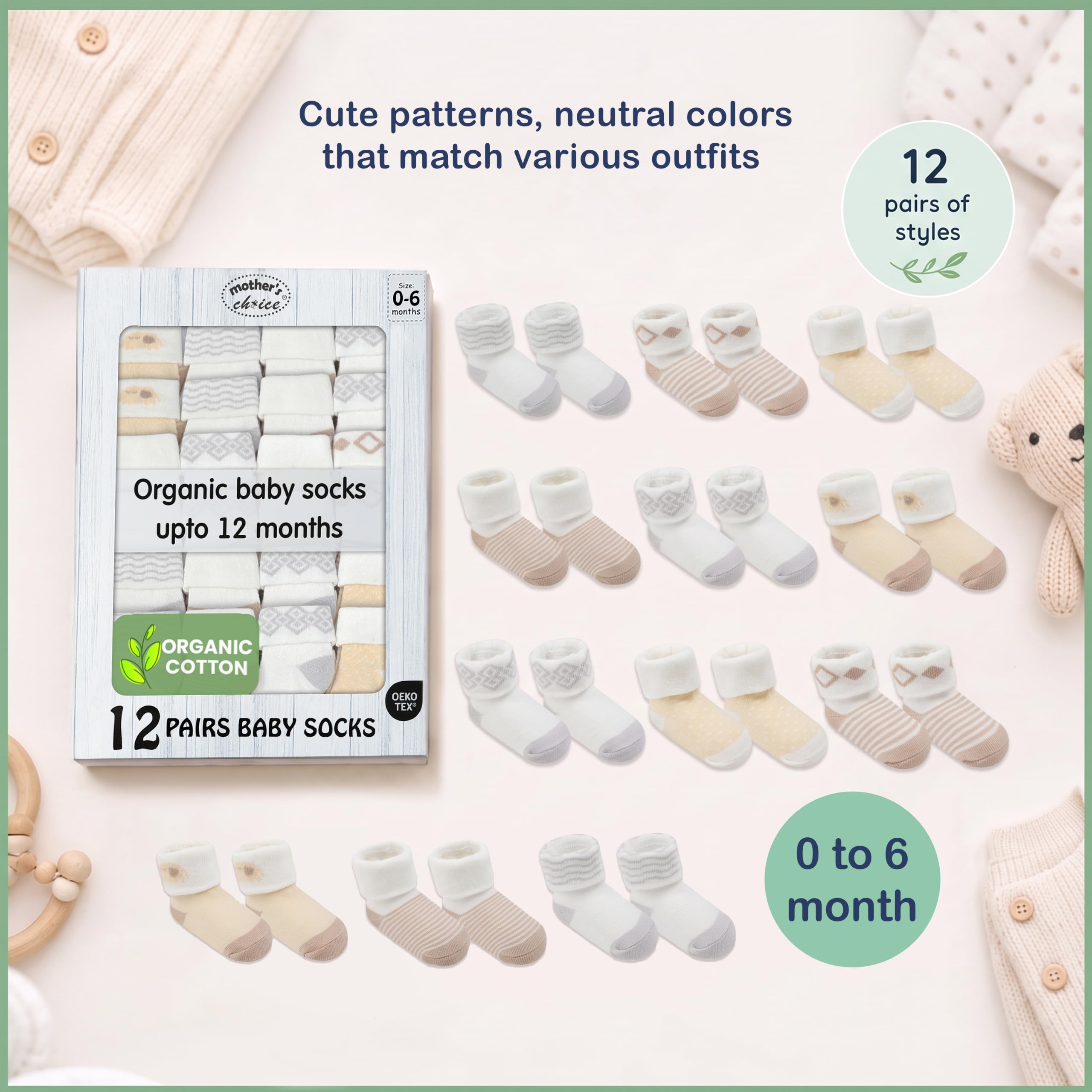 Mother's Choice Lot de 12 paires de chaussettes pour bébé de 0 à 6 mois, en coton bio, unisexe, douces et hypoallergéniques pour nouveau-né
