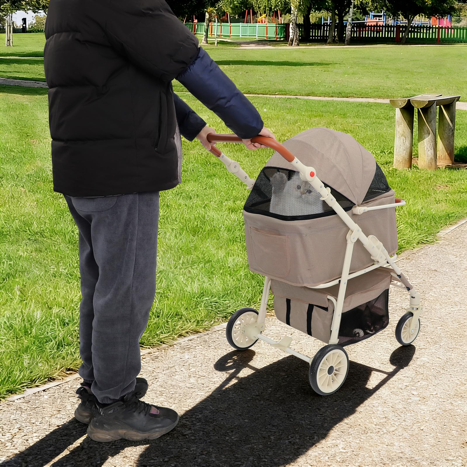 Składany wózek dla psów, 2 poziomy, lekki wózek dla psów z okienkiem z siatki, pas bezpieczeństwa, 4 koła, wózek dla małych psów, kotów, do 15 kg (kolor kawy)