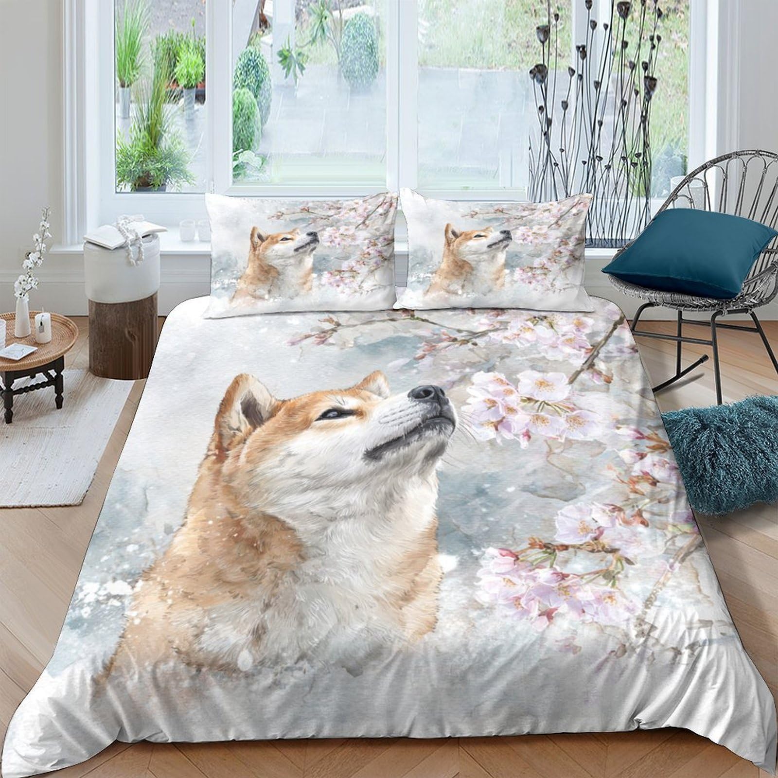 Ctjqhvkz Style-1 3D Printed Shiba Inu Cherry Blossom Fitted Sheet Microfiber Soft Bedroom Decor Bed Cover For Home Dorm Single（135X200cm）