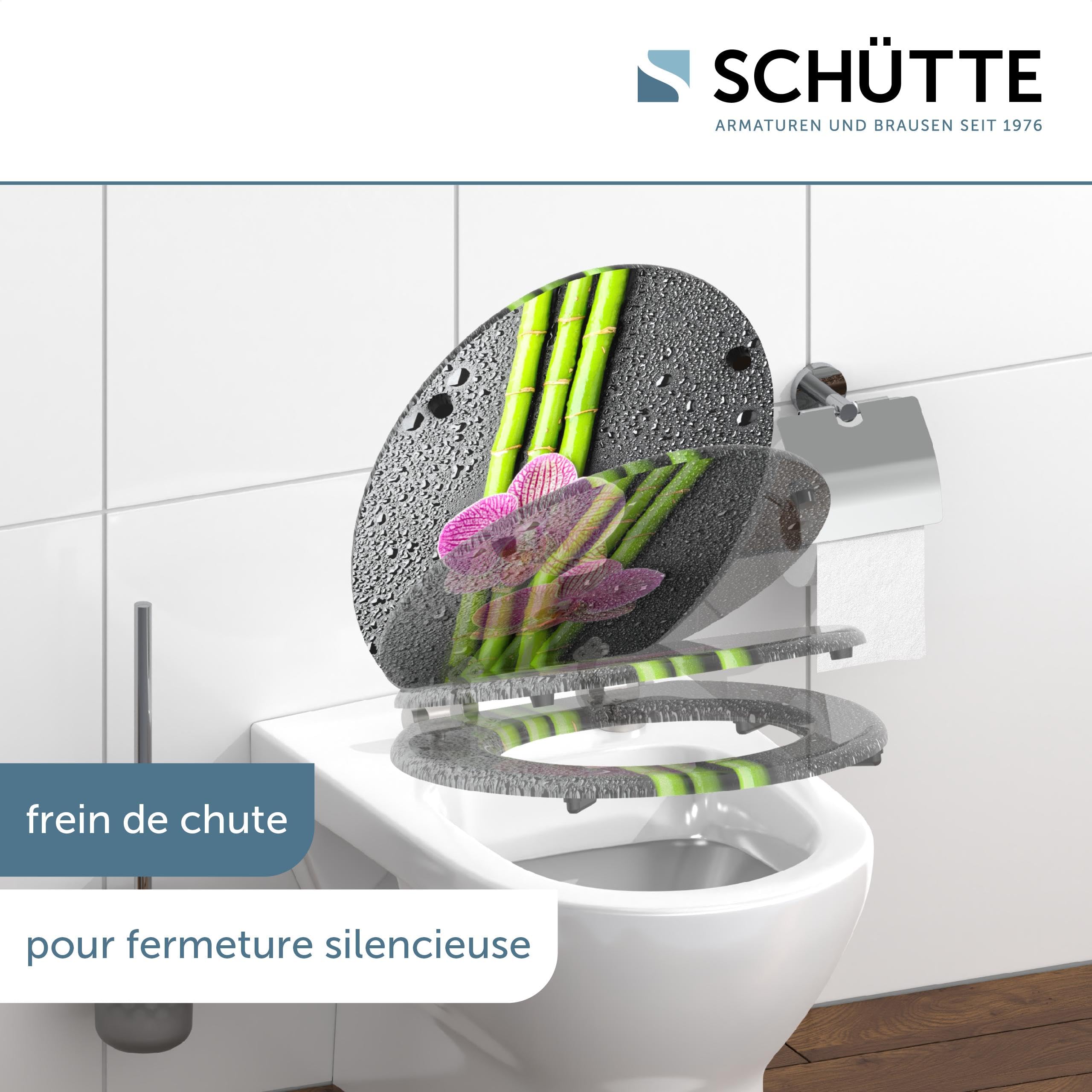 Schütte ASIA 80121, Abattant WC avec noyau en bois (MDF) et système d'abaissement automatique, motif de fleurs imprimé sur 3 faces, compatible avec toutes les cuvettes WC standard
