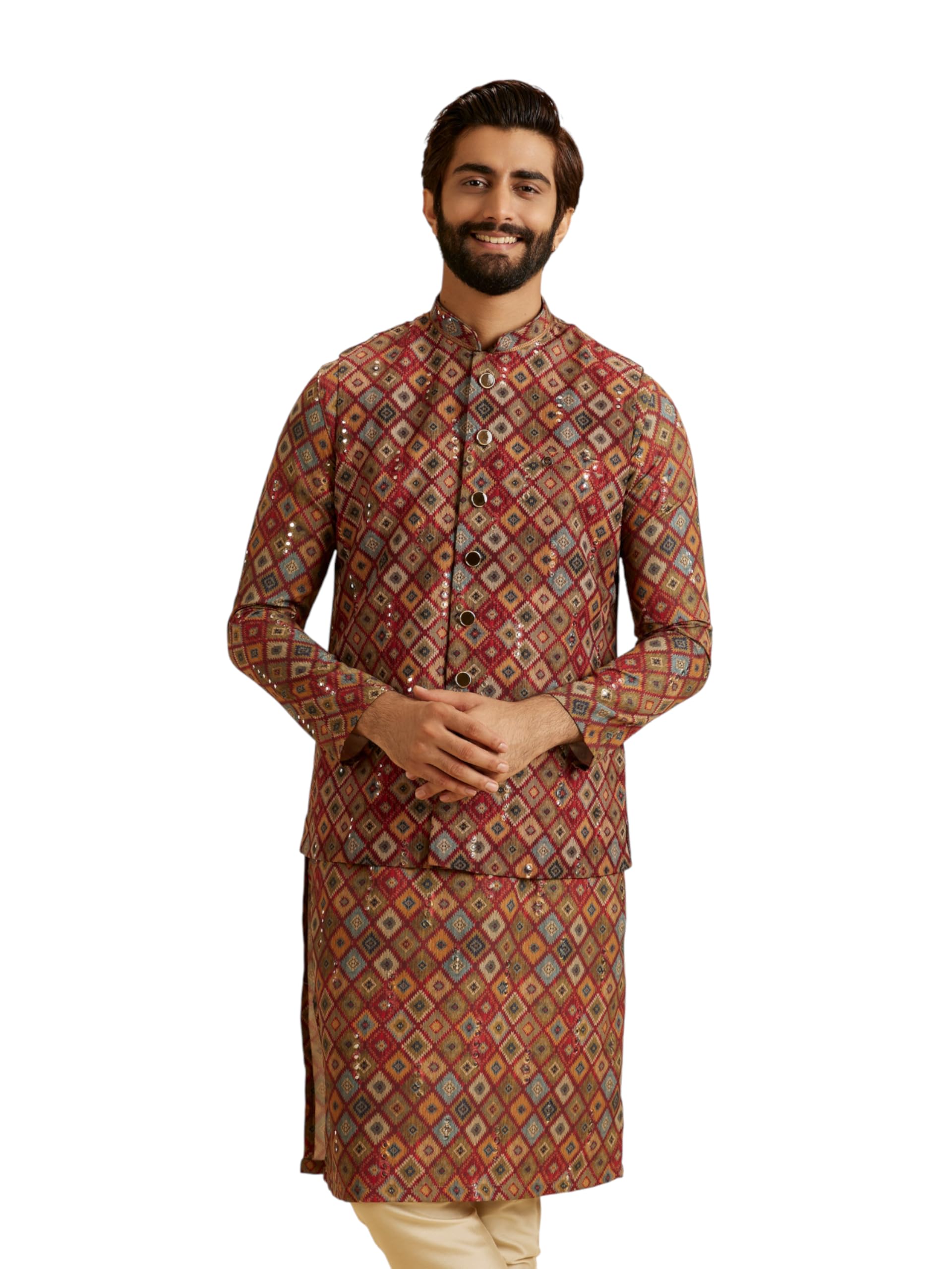 manyavar Men's Blended Viscose Mirror work & Printed Traditional Nehru Jacket (1pc)-picture-16