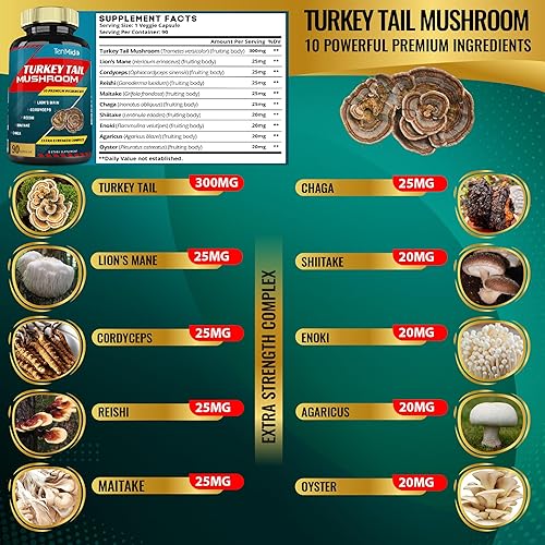 Miniatura 3 de Extracto de suplemento de hongo de cola de pavo con melena de león, cordyceps, reishi y más, 10 hierbas en 1 | Mejora la función digestiva, apoya el