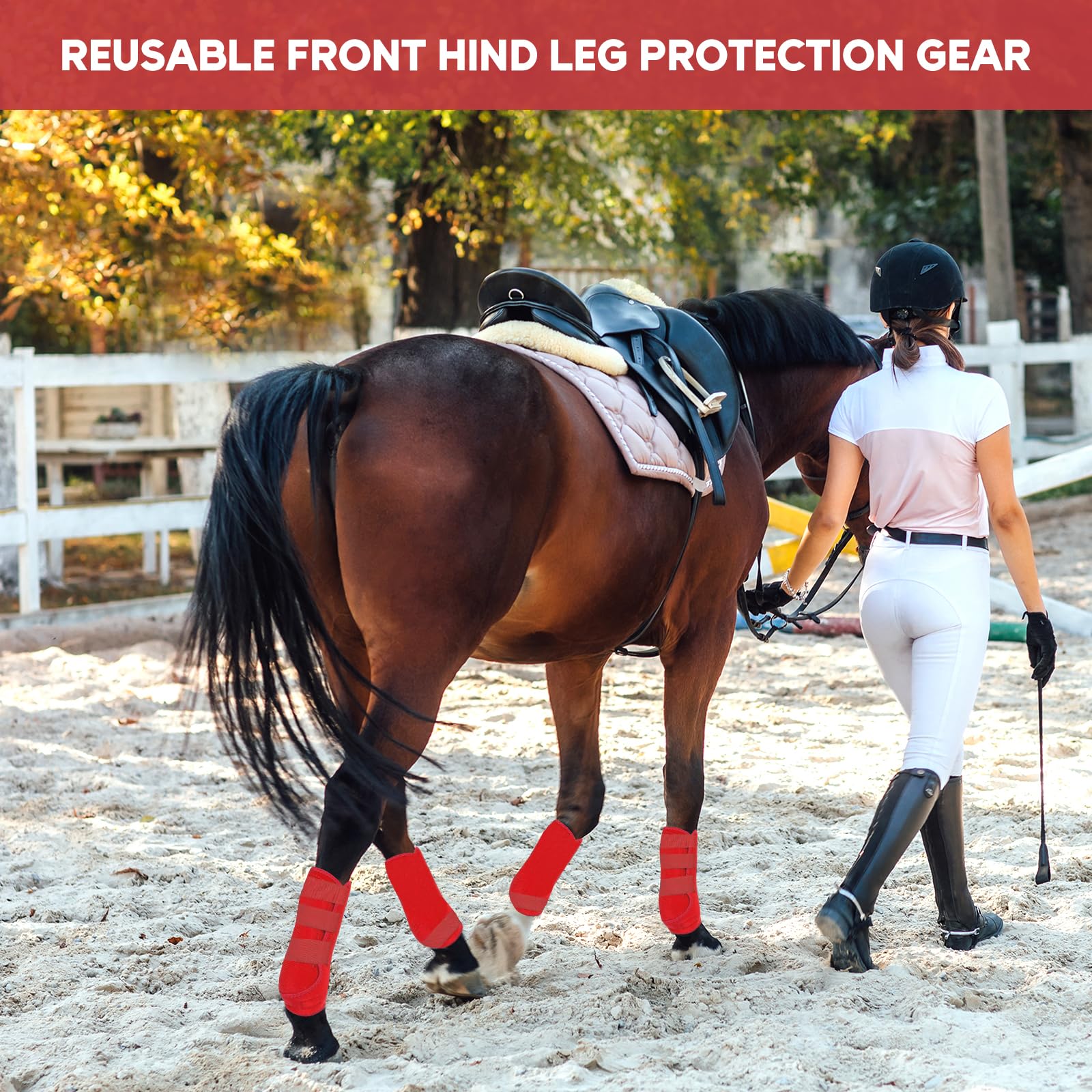 YWJLQH 4X Horse Boots Front Hind Legs Guard Reusable Tendon Protector Leg Wraps Leg Protection for Training Equestrian Equipment, red
