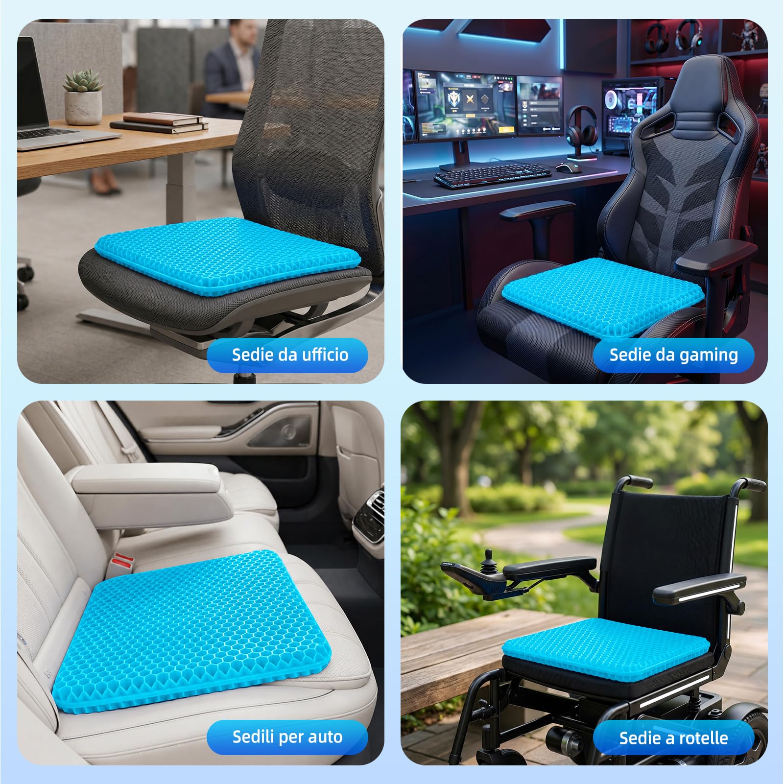 Cuscino Sedia Ufficio、Cuscino Gel Sedia-Questo è Cuscino Antidecubito per Sedia a Rotelle Dotato di Fodera Rimovibile e Lavabile.Adatto per Ufficio,Auto e uso Domestico (Azzurro cielo, 42cm*39cm*4cm)