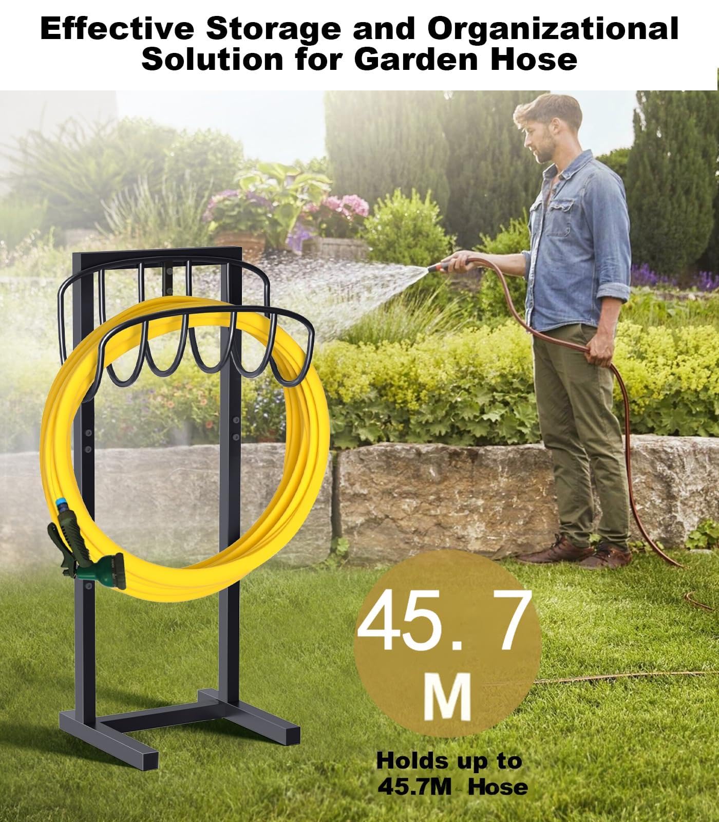 Artigarden Soporte para manguera independiente – con 4 anclajes de suelo mejorados, desmontable, estructura metálica estable para manguera de 46m, para jardín, césped, terraza & patio