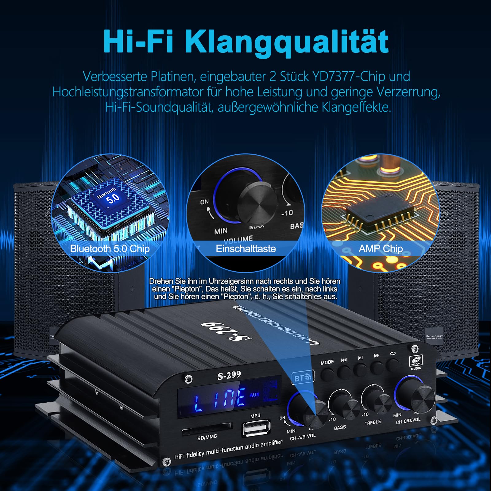 Wzmacniacz HiFi z Bluetooth, S-299 4.1-kanałowy RMS 40 W x 4 + 50 W maks. 800 W Bluetooth 5.0 mini wzmacniacz audio, subwoofer z gniazdem USB SD, AUX, radio FM DC 12 V/5 A do głośników domowych