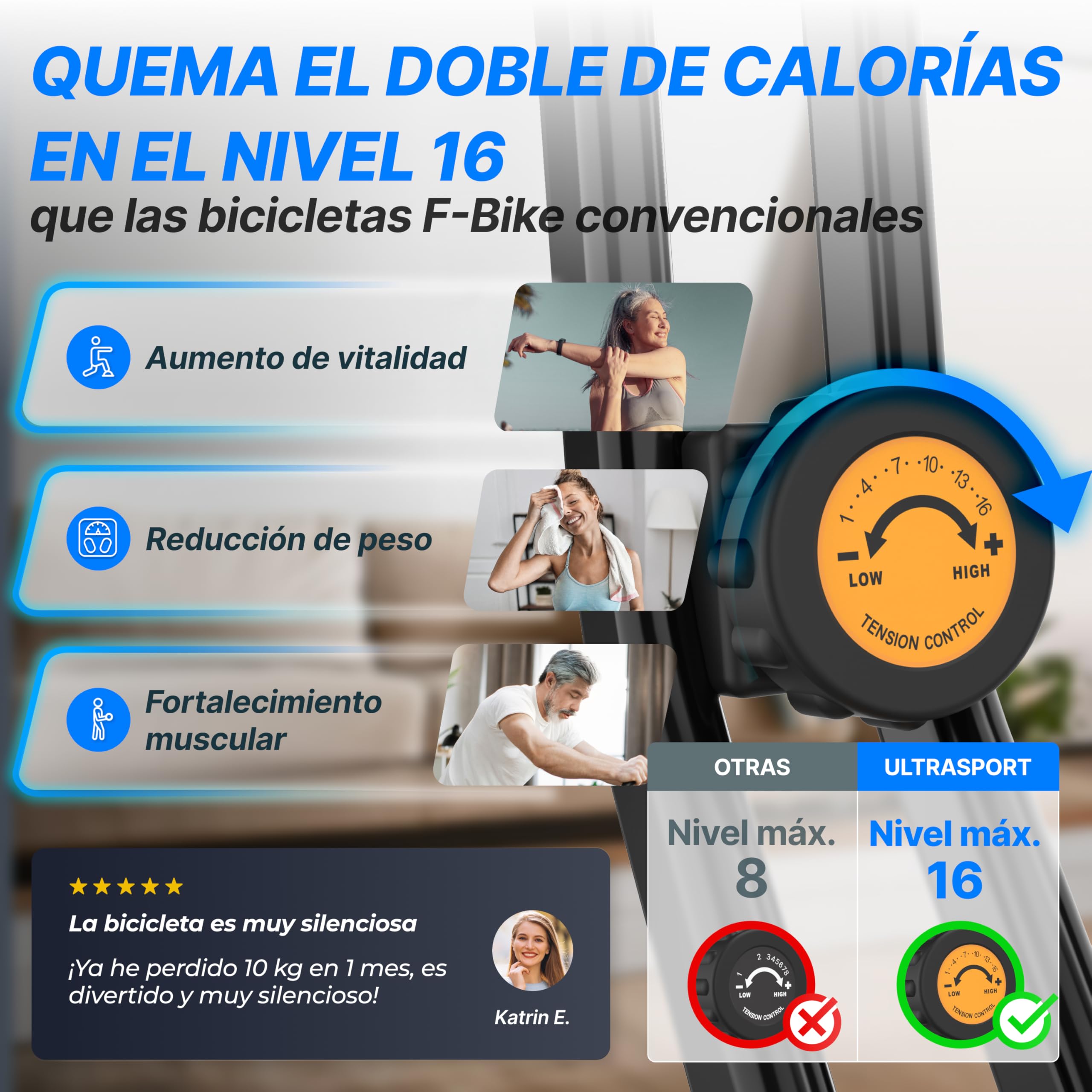 Ultrasport F-Bike Pro Bicicleta Estática Plegable hasta 150 KG, con 16 Niveles, Sillín Cómodo, Función con App, Extra Silenciosa I Bici Estática Plegable Indoor, Bicicletas Estáticas