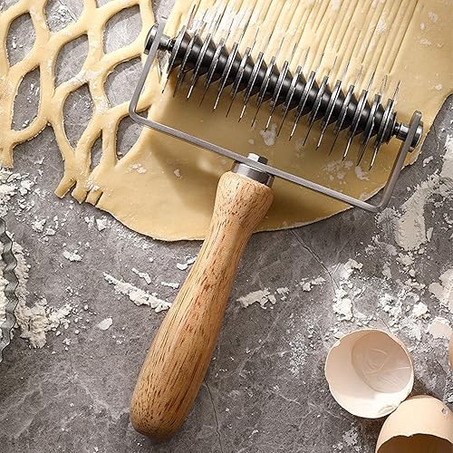 Miniatura 7 de Soporte de rodillos de acero inoxidable para masa de celosía, pastel de galletas, pizza, pan, corteza de pastelería, mango de madera, cortador de
