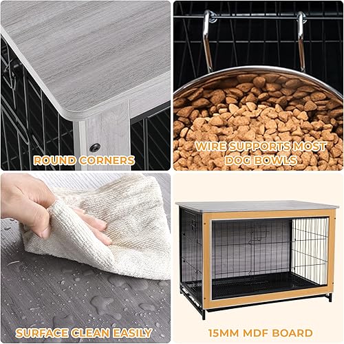 Miniatura 6 de TLSUNNY Muebles de jaula para perros, mesa de madera de 44.1 pulgadas, perrera de interior con 2 puertas, moderna jaula para perros con bandeja