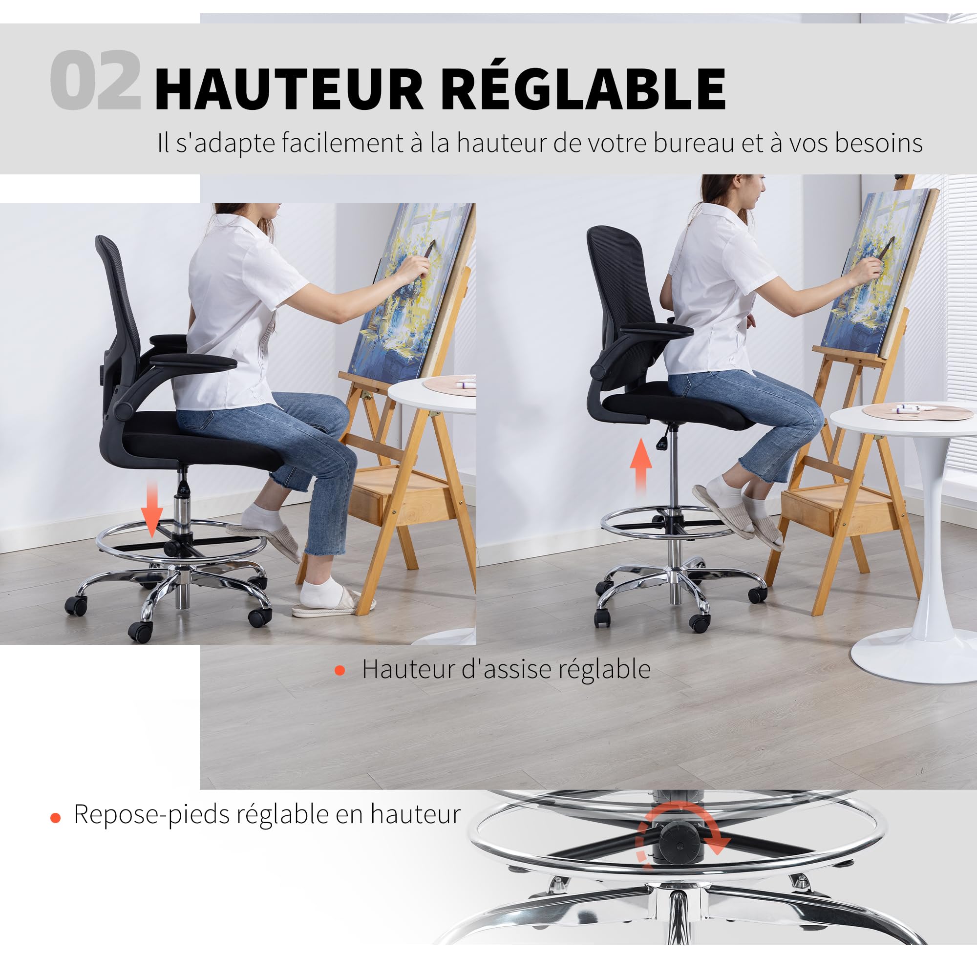 HOMCOM Chaise Bureau Ergonomique Support Lombaire 4D Haute Réglable Noir