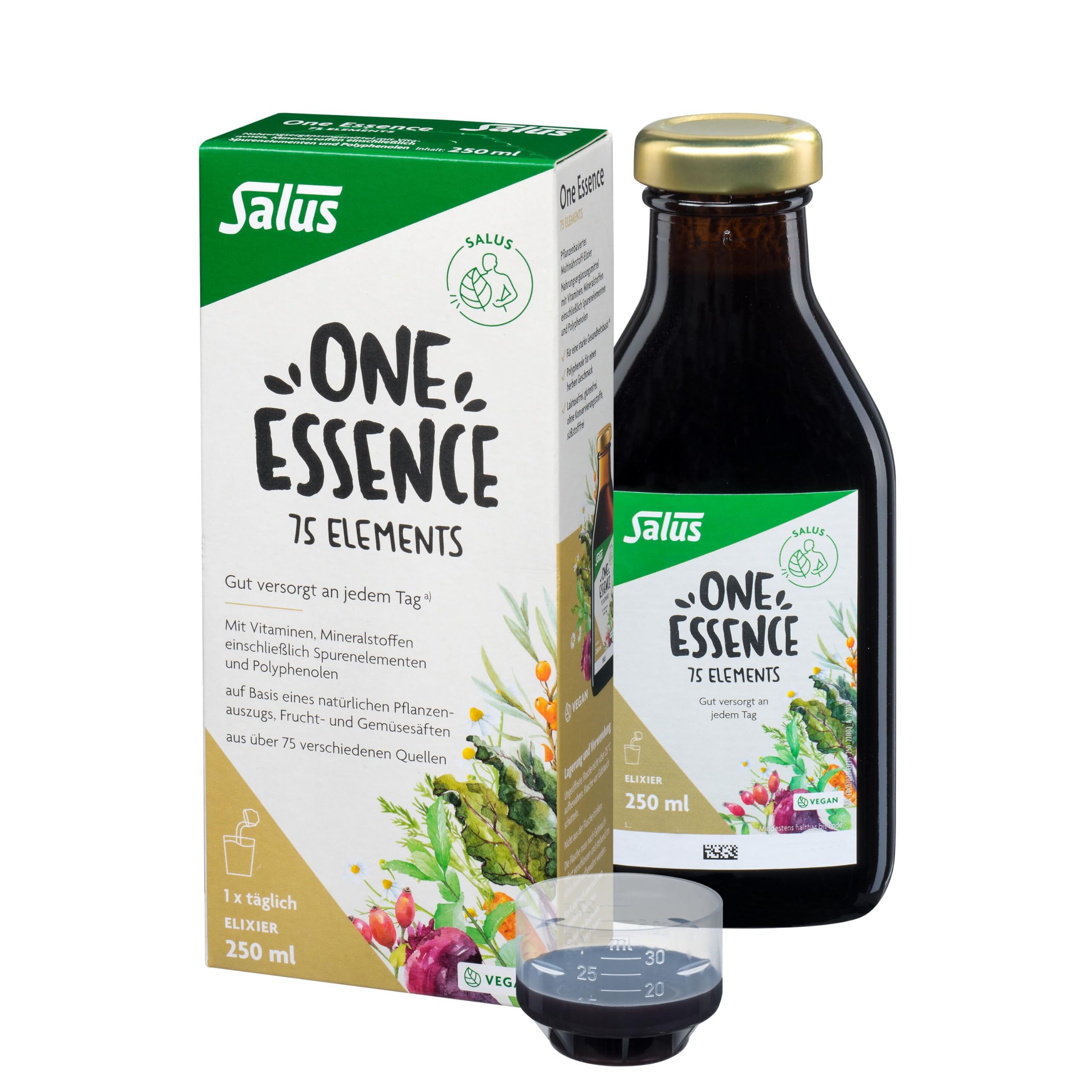Salus One Essence 75 Elements – Tägliche Rundum-Versorgung mit über 75 gesunden Zutaten – 14 kg Obst und Gemüse in 250 ml – Vitamine, Mineralstoffe, Polyphenole, Ballaststoffe – vegan