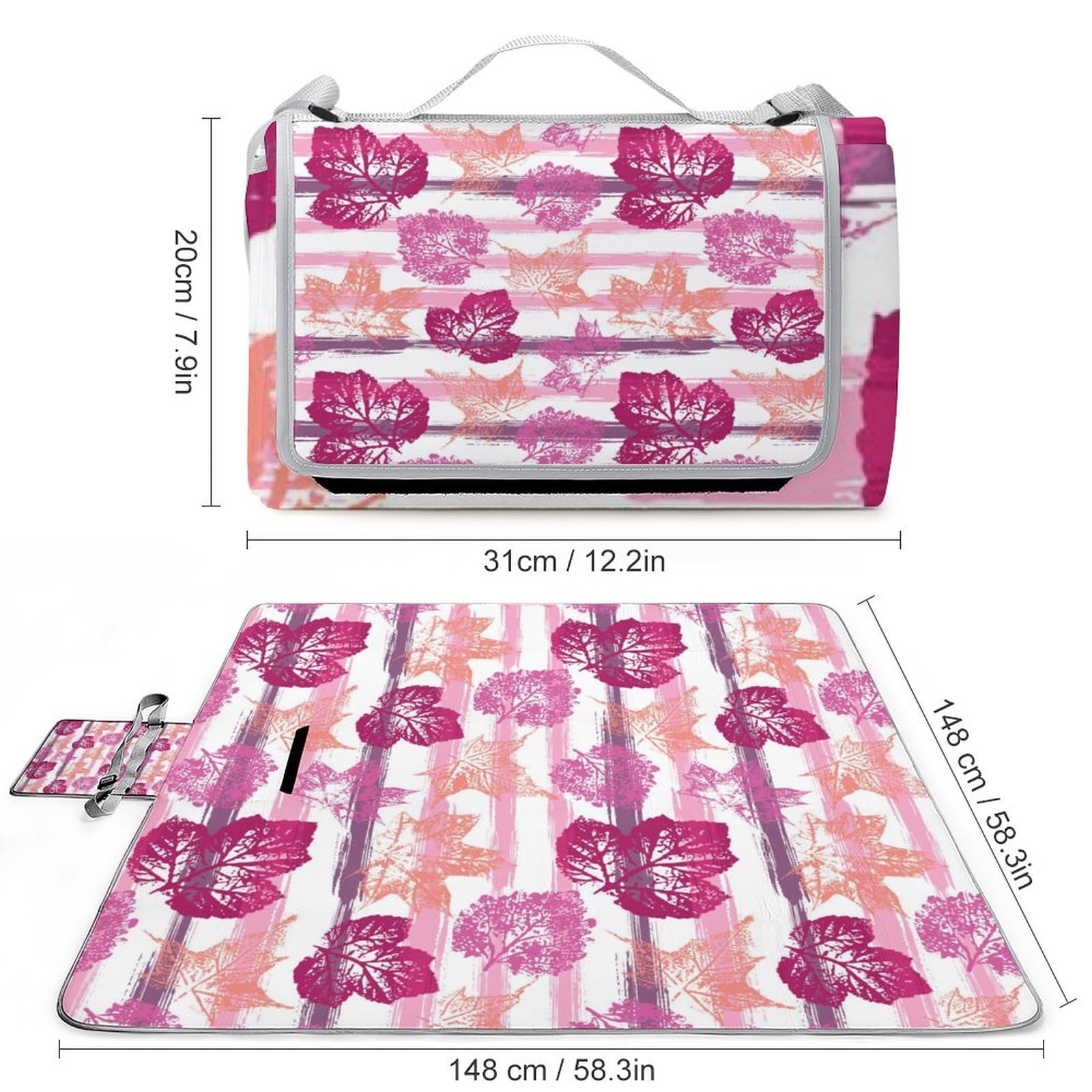 Autumn-Leaves-Pattern Picnic Blanket Waterproof Foldable, Large Outdoor Picnic Blanket Beach Blankets Camping Blanket Travel Mat, Shoulder Strap Tote, Rectangle 58x58in
