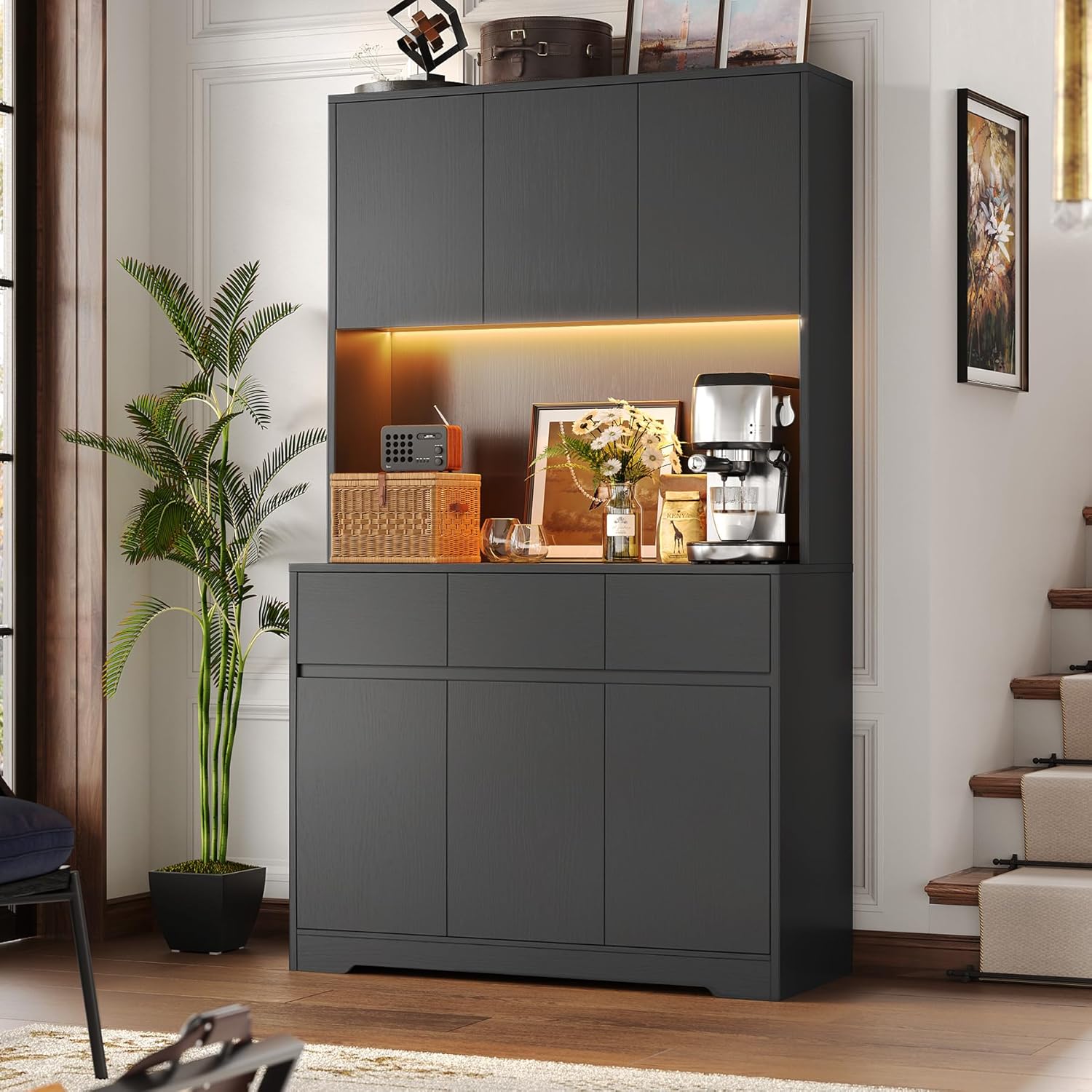 FINETONES 71″ Tall Pantry Cabinet with Power Outlets and Led Lights, Large Kitchen Hutch Storage with Microwave Stand, Black Pantry Kitchen Cabinet with Cupboard