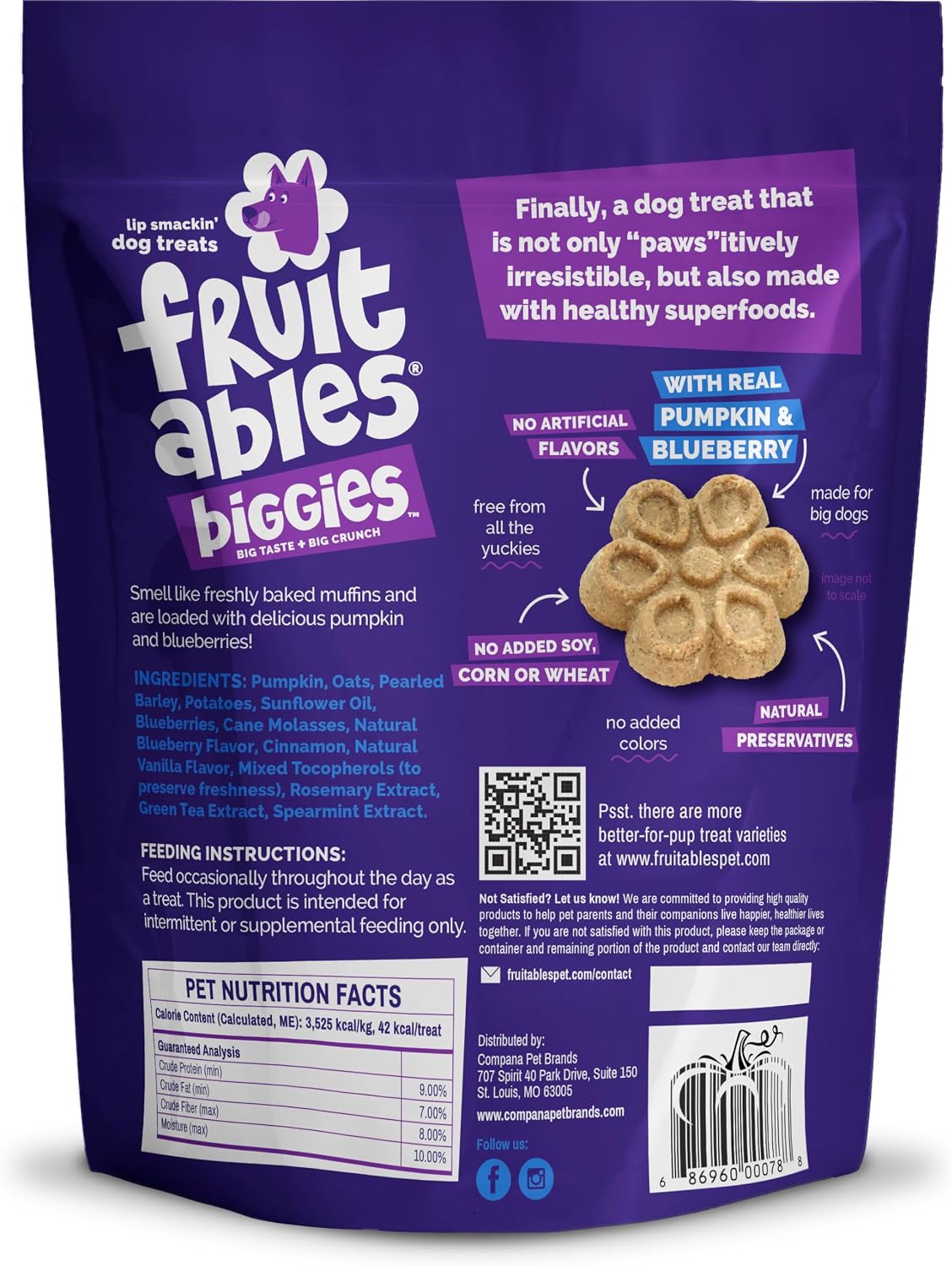 Fruitables Biggies Crunchy Dog Biscuits for Large Dogs, Small or Medium Dogs - Blueberry & Pumpkin Healthy Dog Treats - 16 oz (4 Pack)