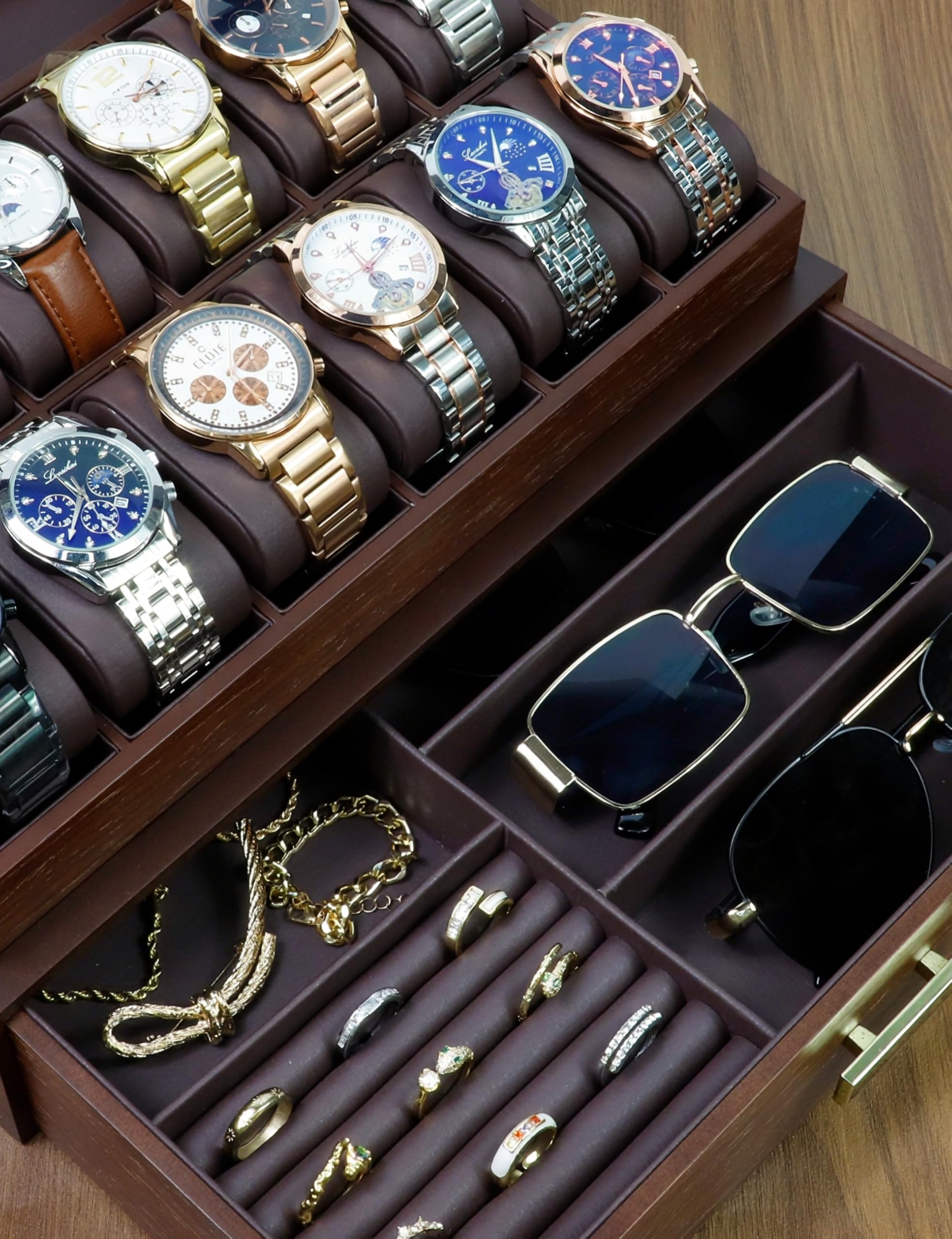 KAMIER Uhrenbox Herren mit 12 Fächern, Luxuriöse Groß Echtholz Watch Box 2 Ebenen, Uhrenkasten mit herausnehmbaren Uhrenkissen und Schublade, Premium Uhrenkoffer mit Glasdecekel (mit Geschenkbox)