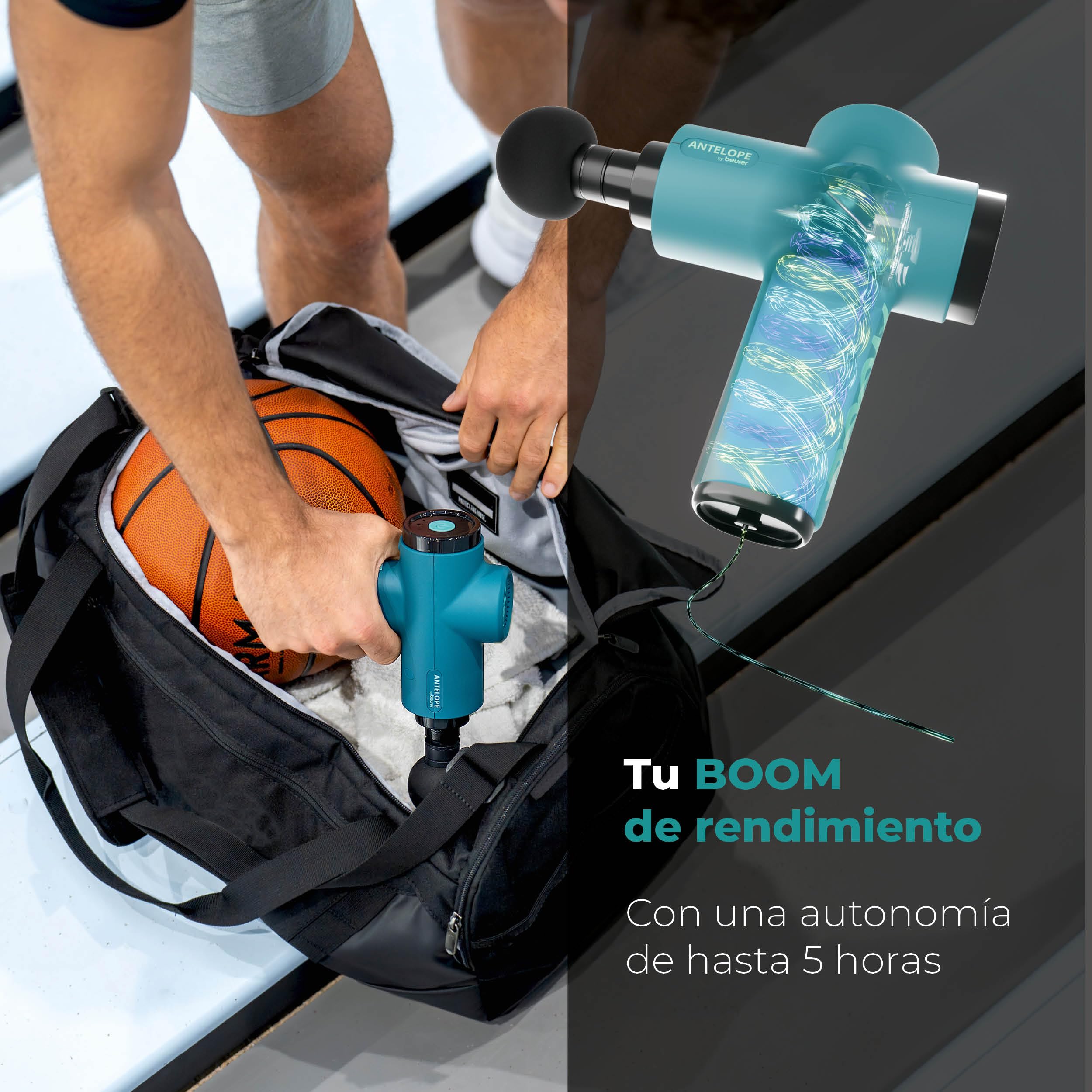 Beurer Antelope BOOM Pistola de masaje muscular, Massage Gun compacta con 4 accesorios, para relajación y regeneración, potente masaje de puntos gatillo, 5 niveles de intensidad y batería