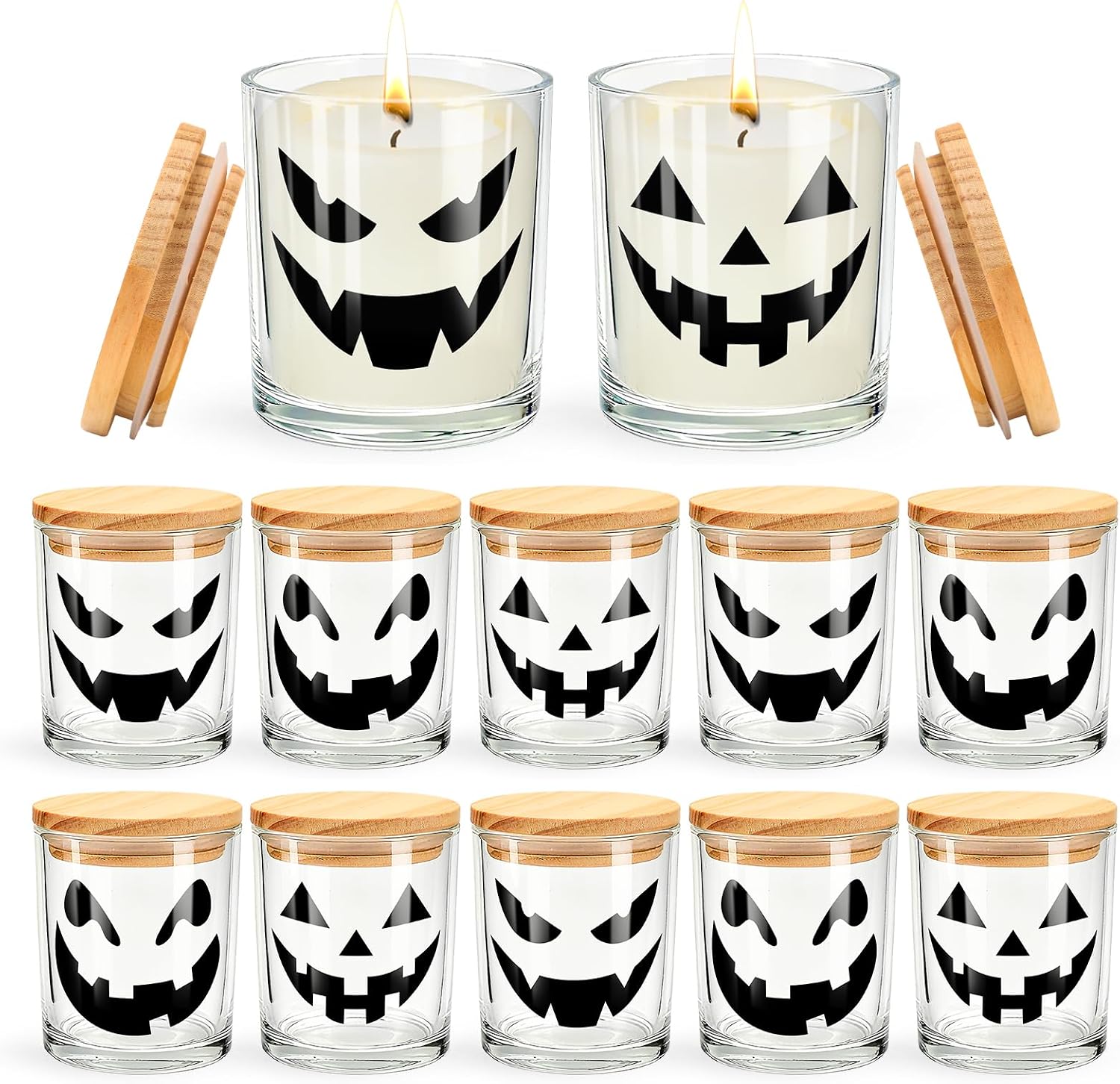 AnyDesign 12 Pcs Halloween Glass Candle Jars with Lids, Scary Pumpkin Face