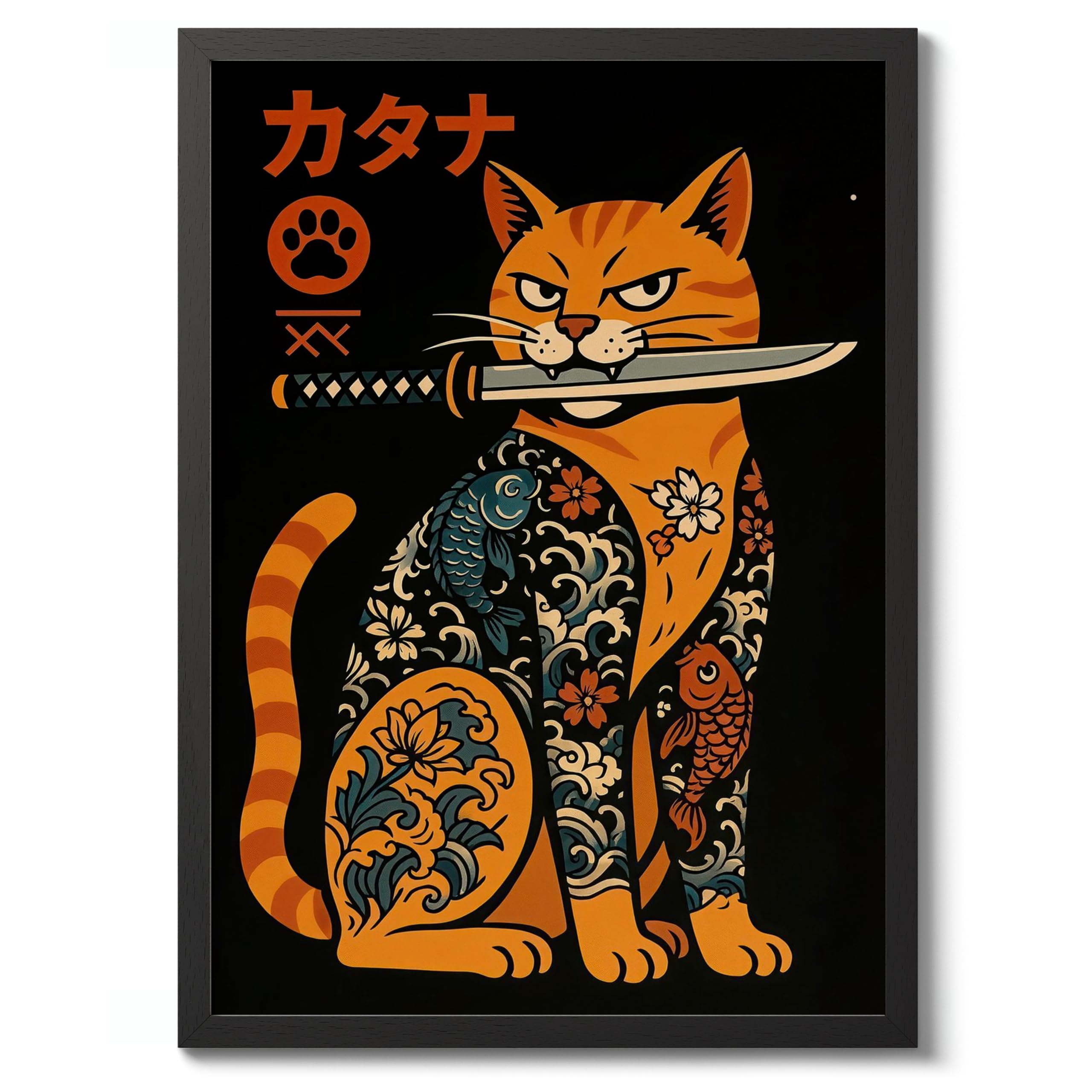Yakuza Cat Anime Woodblock Poster Modern Woodblock Print, Cartoon Manga Kitten Wall Art Decor, Modern Japanese, Cat Lovers, 50x70cm (Black Frame) - 53x73cm