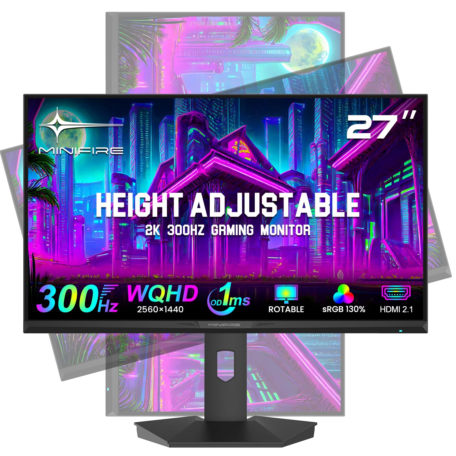 Minifire Gaming Monitor 27 Zoll,300Hz, 2K QHD (2560x1440), volles HDMI 2.1(300Hz Support), Fast-IPS, 1ms(OD), HDR400, 10BIT,höhenverstellbar, VESA 100x100, DP 1.4, Profi E-Sports Screen