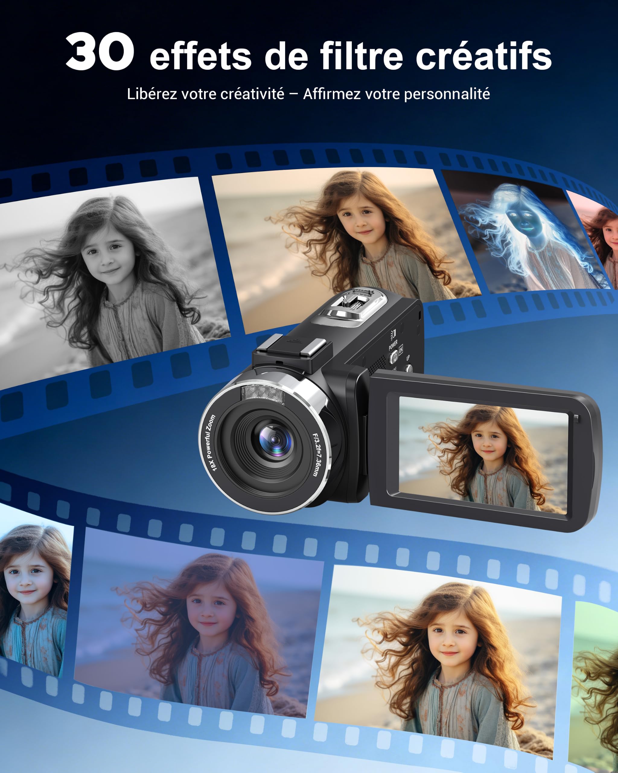 Caméscope 4K Caméra Vidéo 80MP Vision Nocturne Zoom 18X Vlogging Camera
