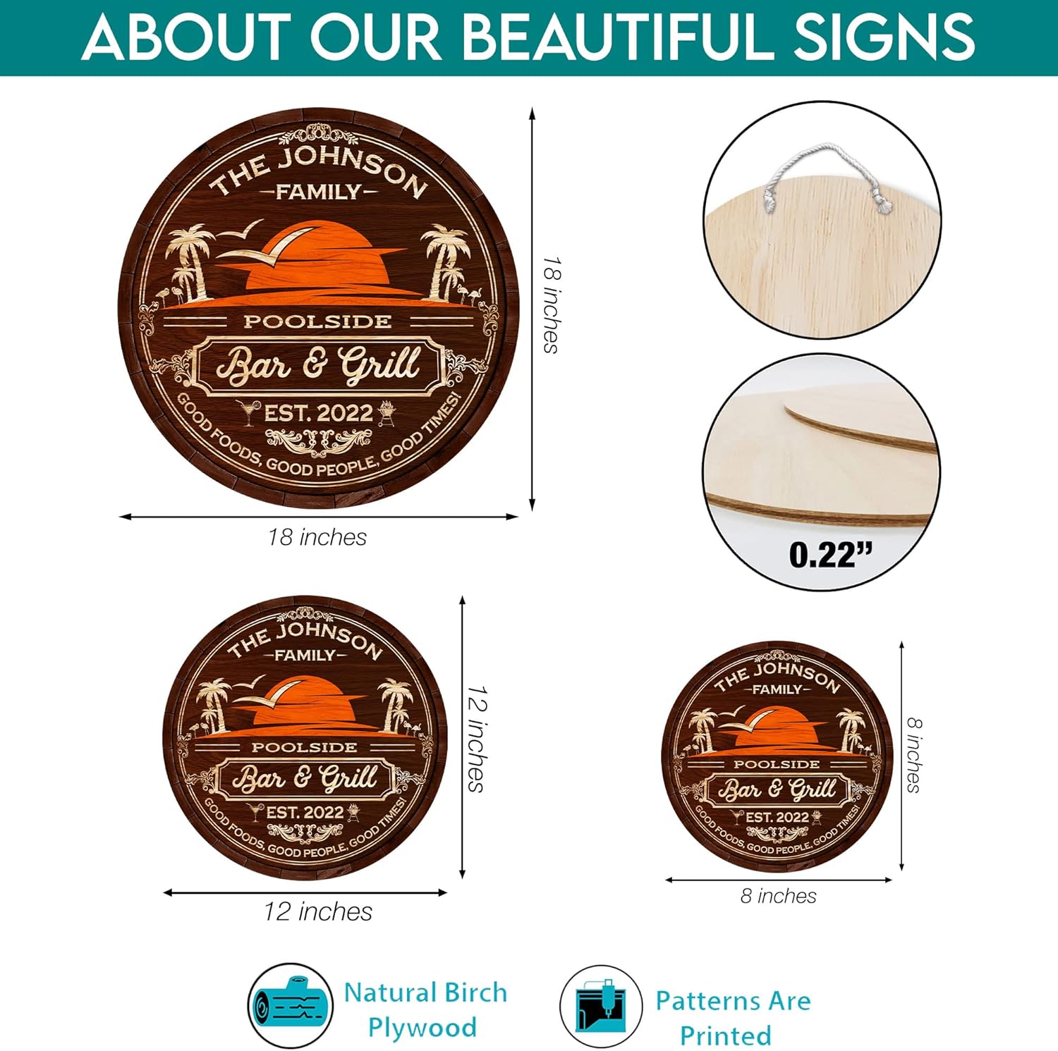 V VIBEPY All Over Printed Personalized Backyard Bar & Grill Signs, Good Foods Good People Good Times Signs 8",12",18" Brown Wood Sign, Pool Sign, Poolside Sign, Door Sign, Welcome Sign, Home Bar Sign