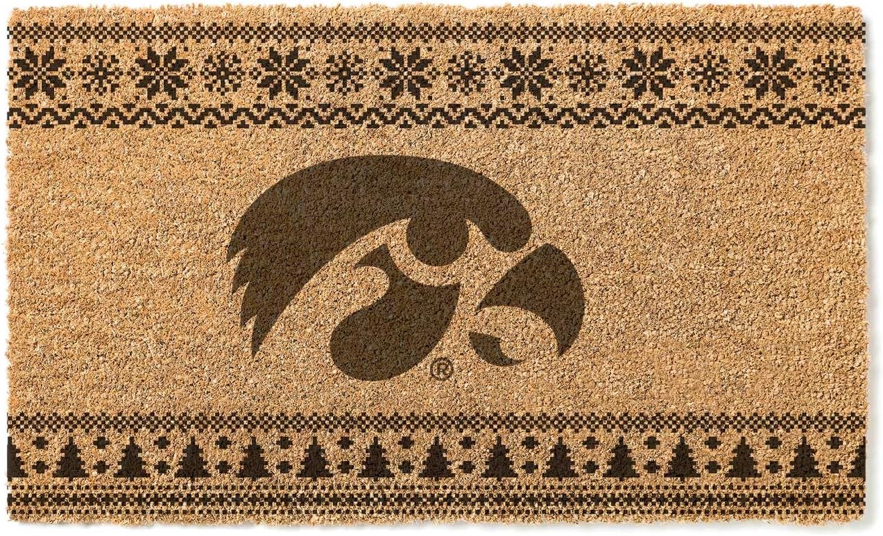 KH Sports Fan Iowa Hawkeyes Holiday Coir Doormat, 18x30 Inches, Hawkeyes Outdoor Rug; Display Some Holiday Cheer with This Unique Iowa Hawkeyes Doormat