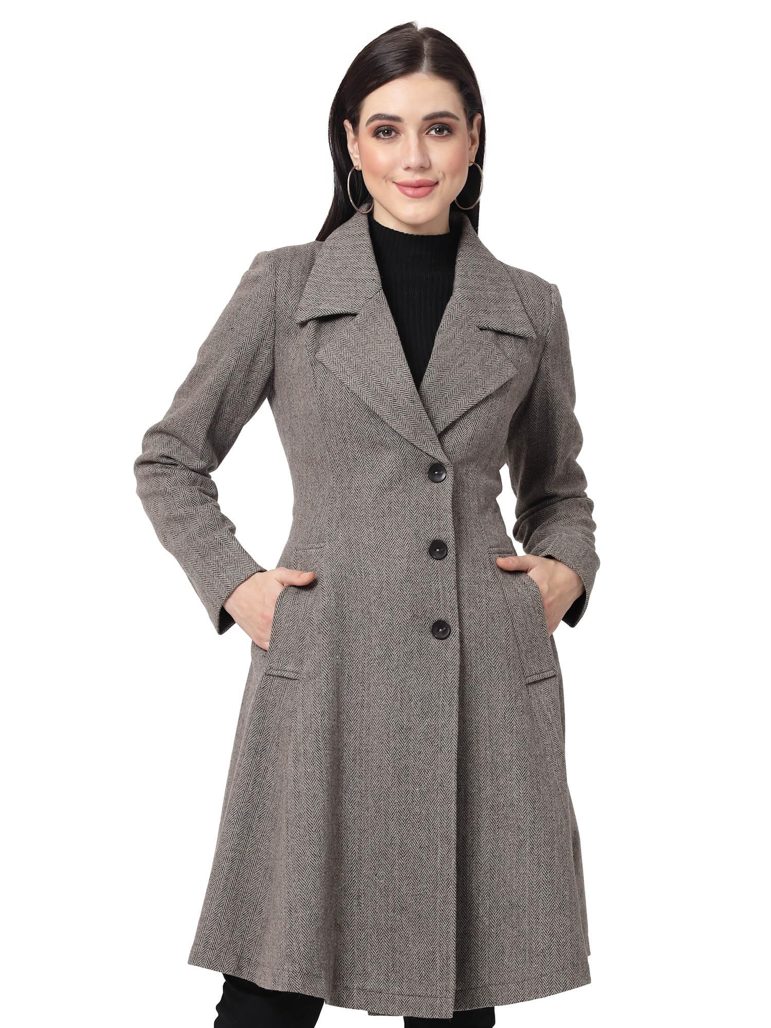 owncraft women brown herringbone wool A-line coat-picture-27