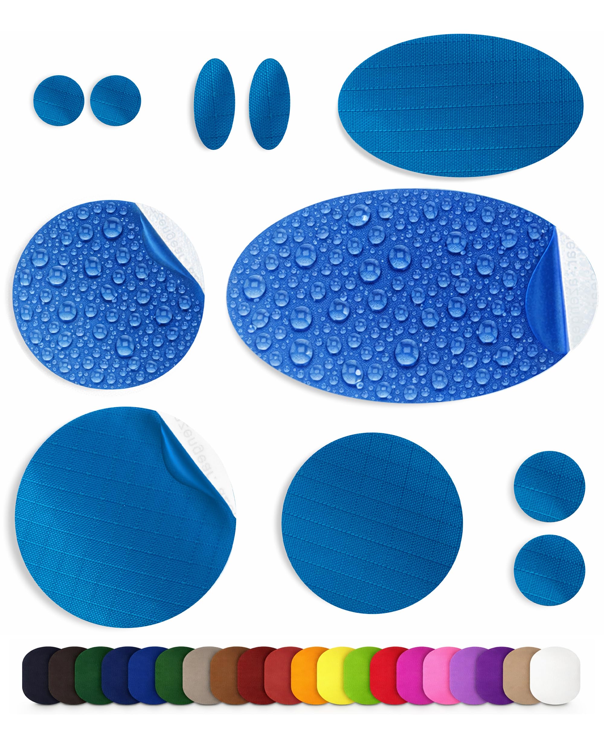 aZengear Toppe di riparazione (30+ colori) per piumini, giacche imbottite, tende, scarpe e tappezzeria, autoadesive, impermeabili, resistenti a strappi, freddo e calore (11 pezzi, blu)