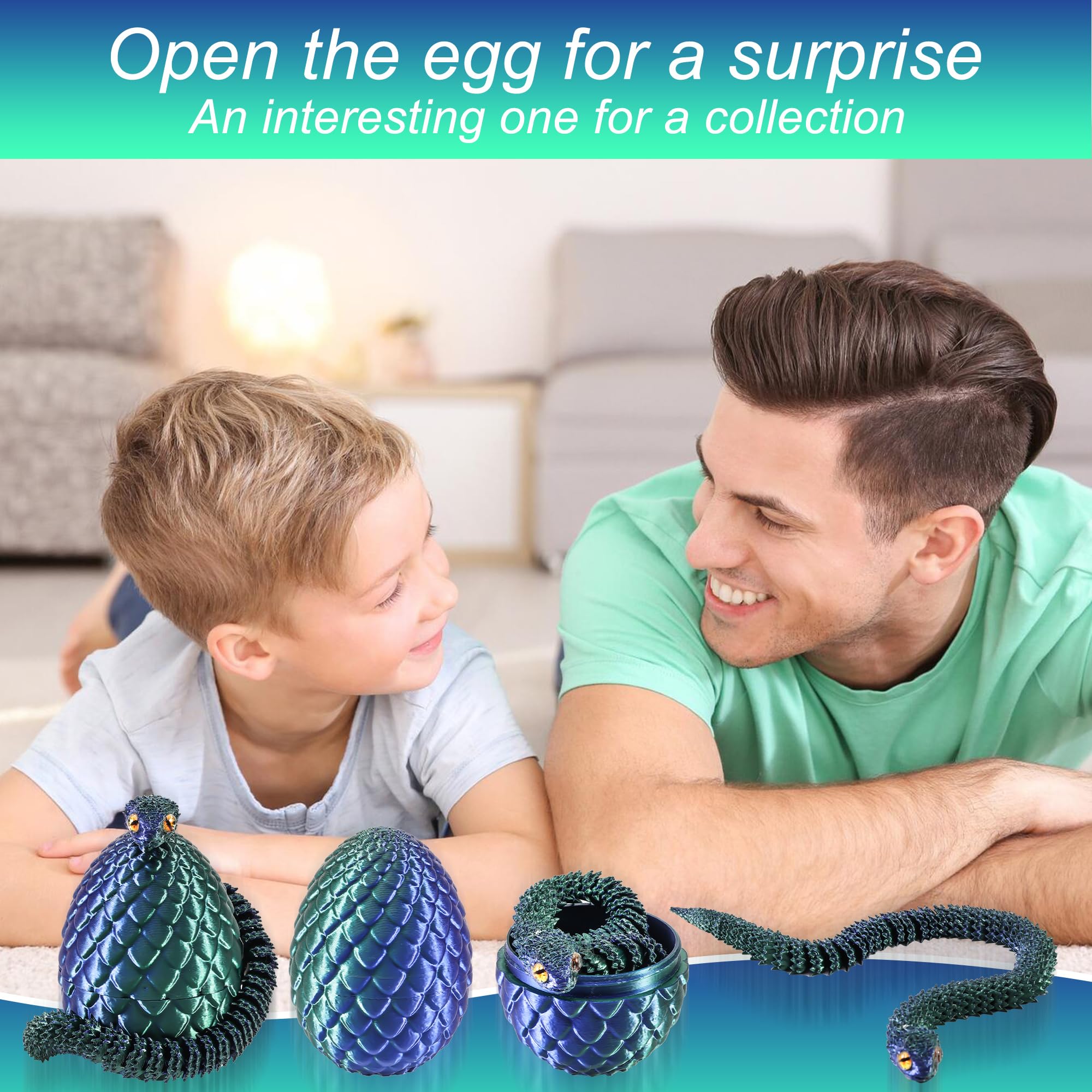 Joycabin 3D Gedruckte Schlange Spielzeug, Ostern 3D Gedrucktes Drachenei Schlangeneier, Easter Schlangeneier, 3D Gedruckte Tiere Spielzeug für Kinder Geschenke Schreibtisch Wohnkultur (Blau Grün) - 4