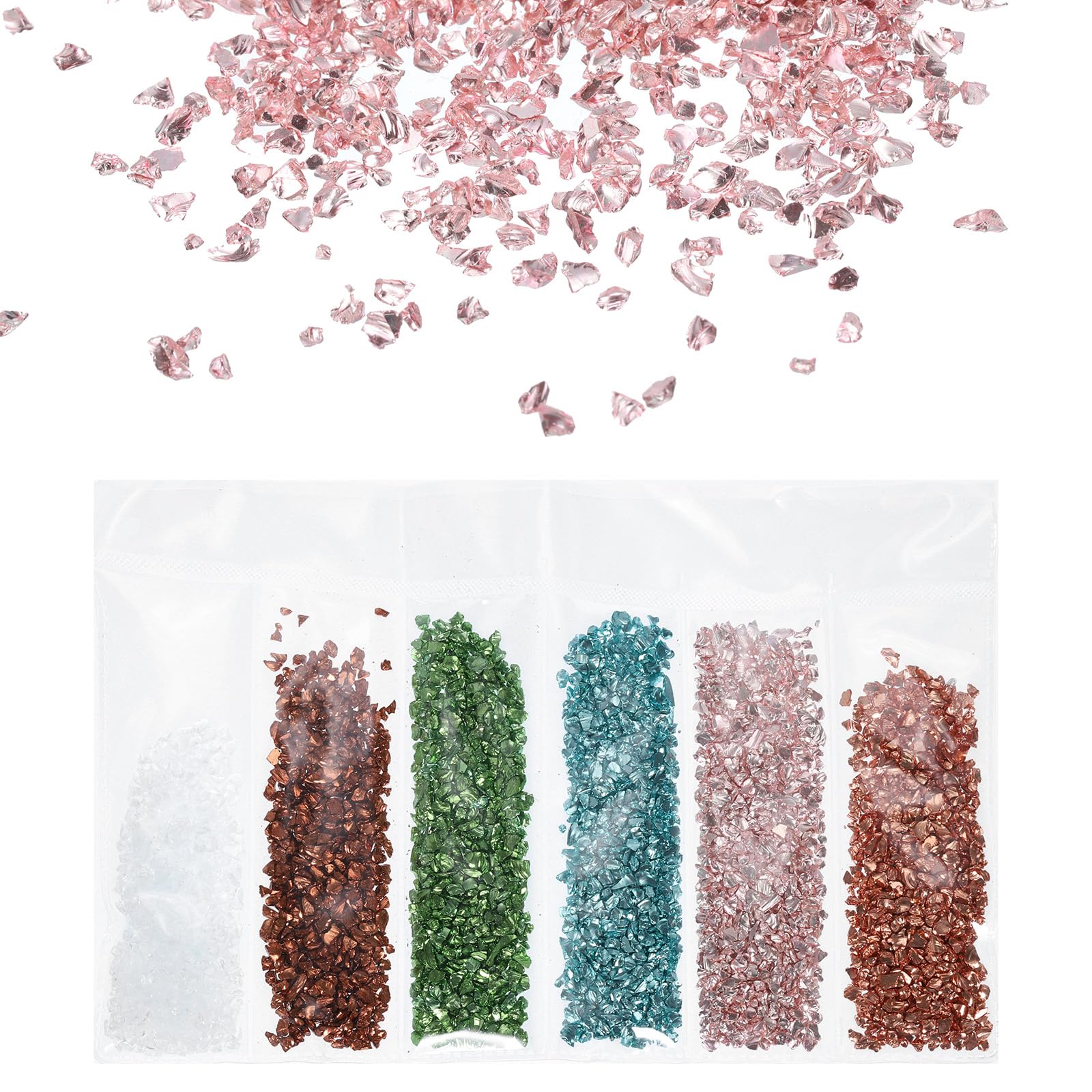 sourcing map 6 Colors Crushed Glass Glitters 2-4mm Irregular Chips Sequins, Metallic Chunky Glitters Stones for Resin Art, Nail Craft (Transparent/Gold/Green/Blue/Pink/Brown, 1.06 oz/ 30g)