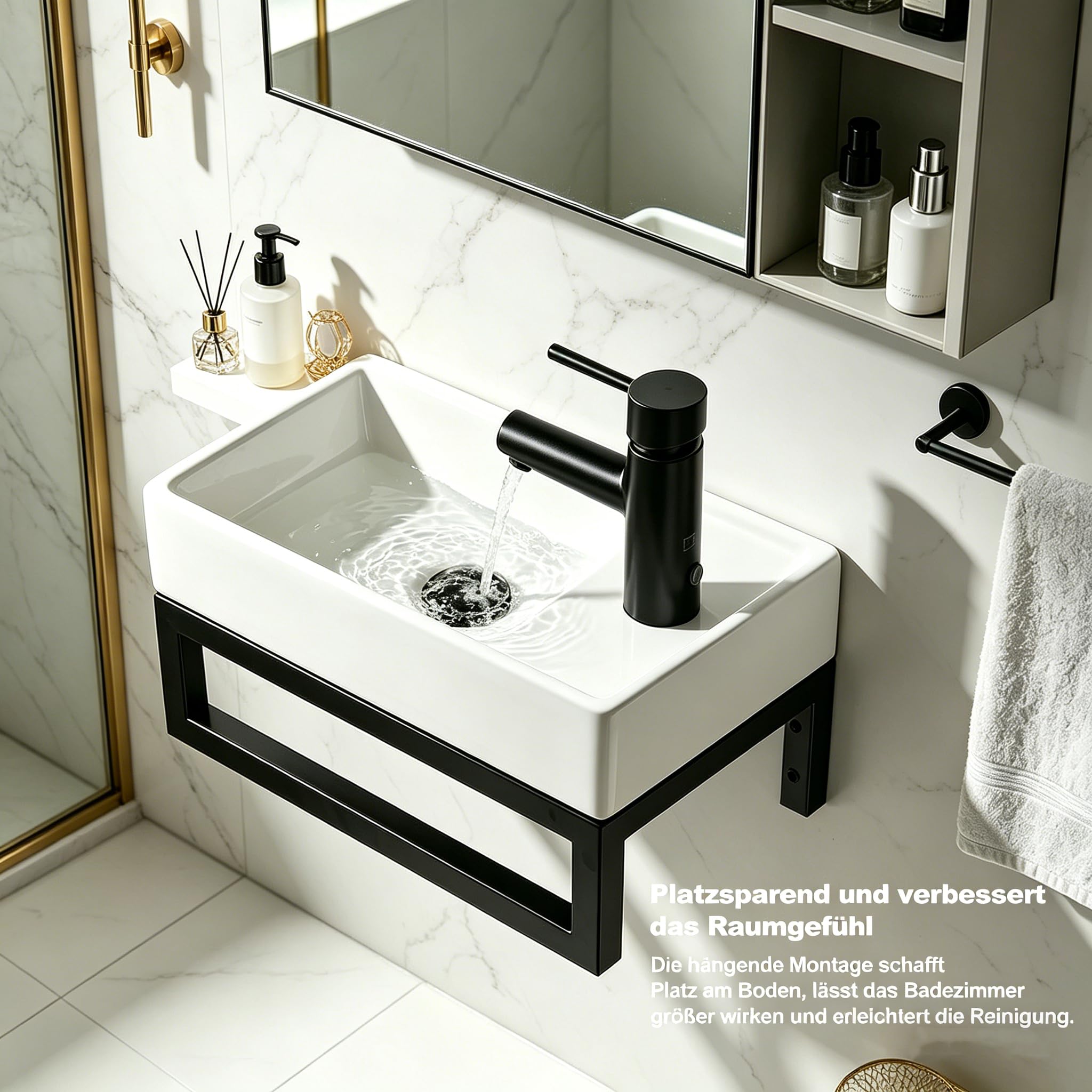 NUESTRA VIDA Lavabo de Cerámica para Baño de Invitados 40x22 cm - Compacto con Rebosadero y Estructura Metálica Negra Mate - Ideal para Espacios Pequeños
