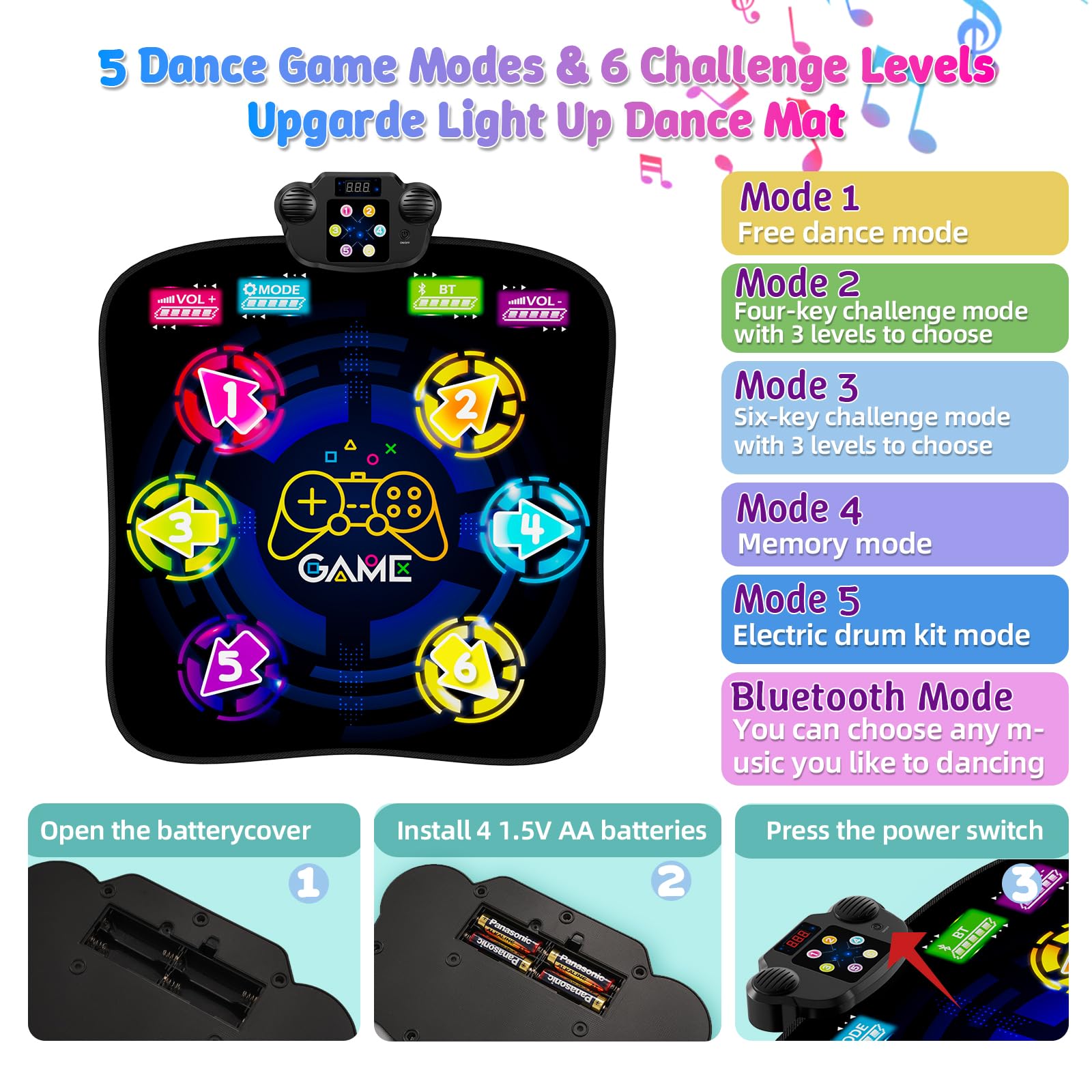 Tappetino da ballo, ritmo step dance, gioco sfida, con luci LED, volume regolabile, musica integrata, nero