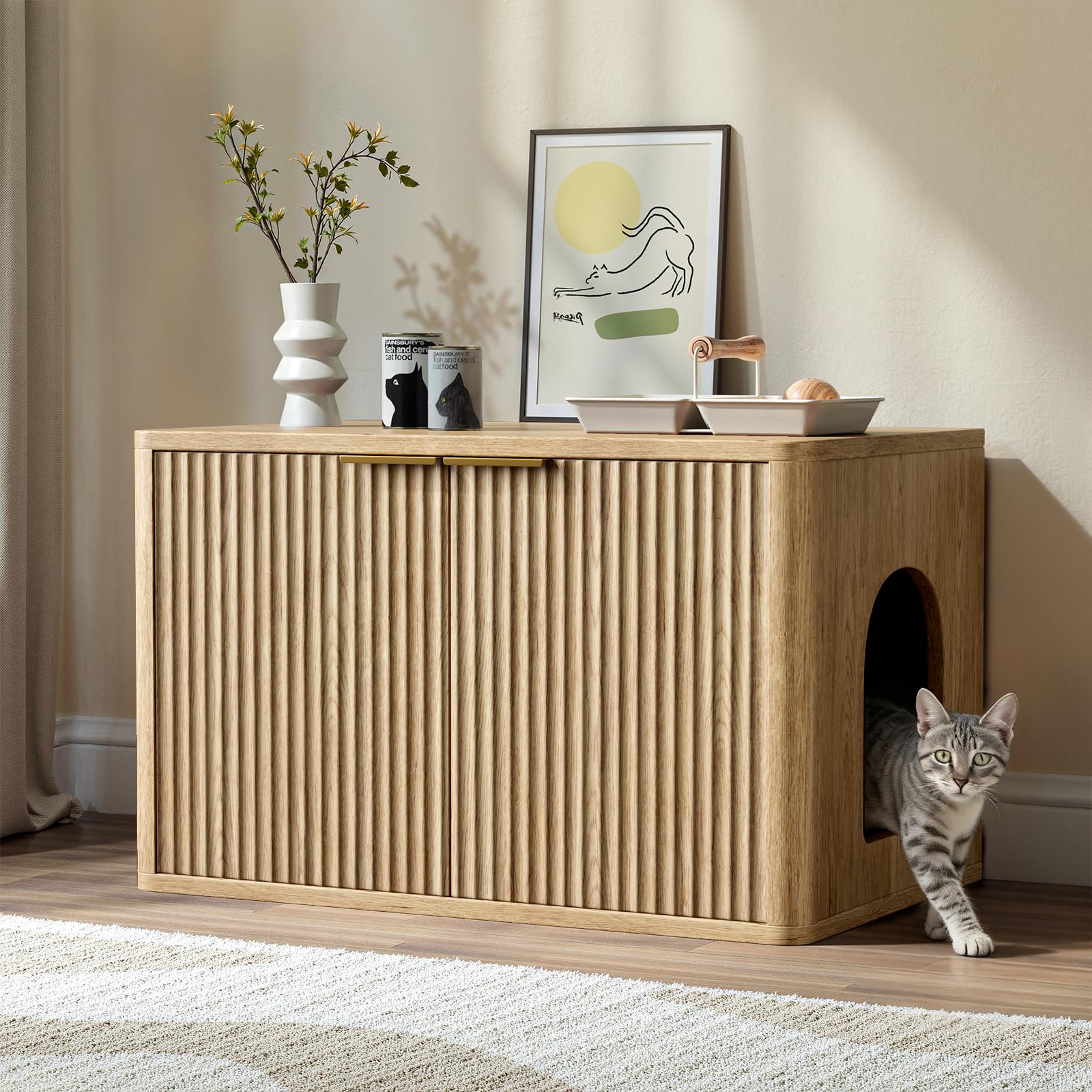 Evermagin 31.5" Oak Cat Litter Box Enclosure Furniture, Large Hidden Litter Box Cabinet, Entry Can Install Left/Right, Mid Century Modern Fluted Kitty End Table for Living Room, Entryway, Bedroom