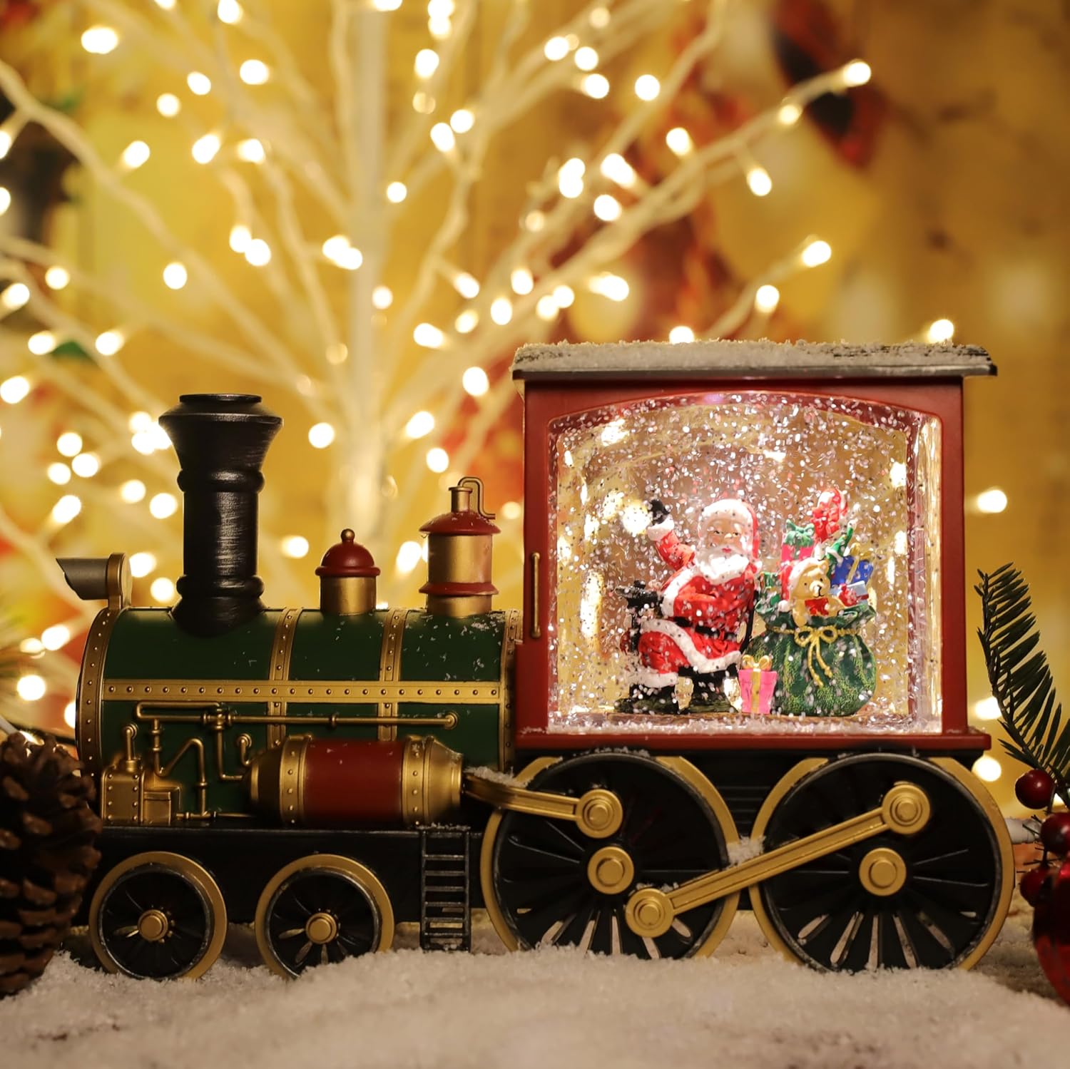 LAMPHOME Music Lighted Train Snow Globe Lantern Water Snowing Glittering Battery Operated with Timer, Christmas Santa Claus Musical Lighted Home Decoration and Gift