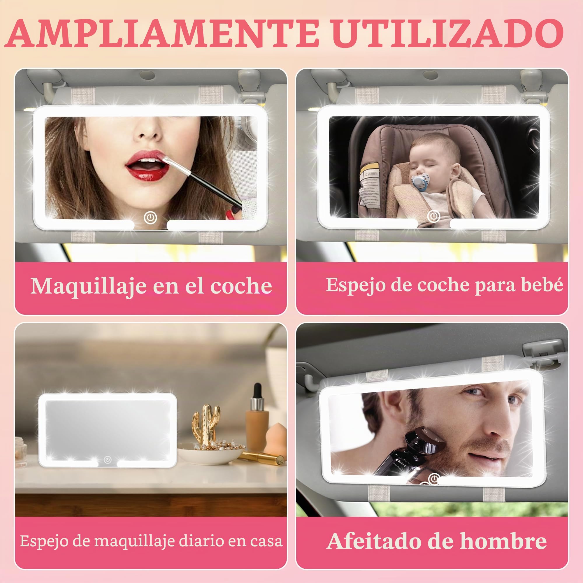 Lypumso Espejo de Maquillaje con Luz para Coche, Espejo Parasol Coche LED Universal con 3 Modos de Luz y Pantalla Táctil, Espejo de Tocador para Visera de Coche Recargable, Portátil, Blanco