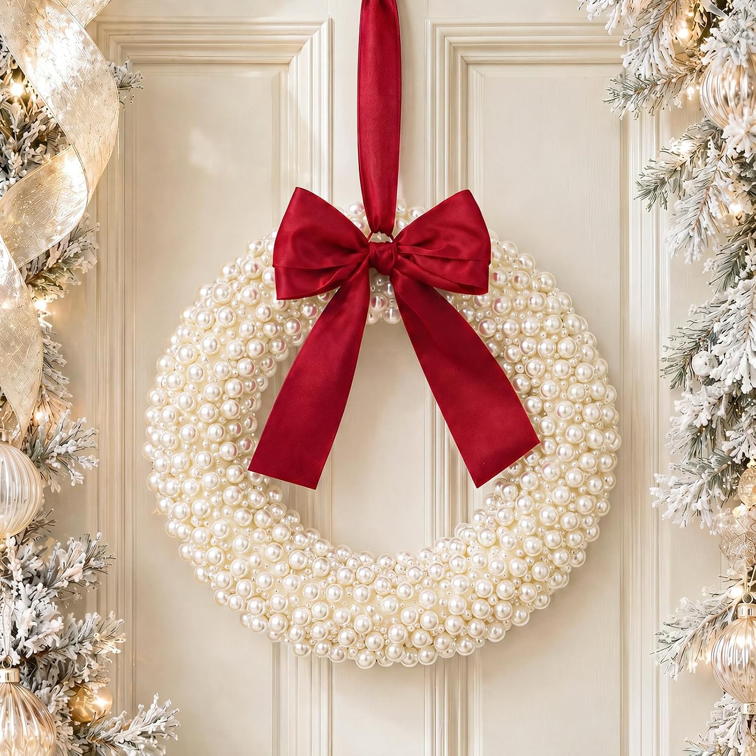 Canlierr 8 Inch Handmade White Pearl Christmas Wreath for Front Door
