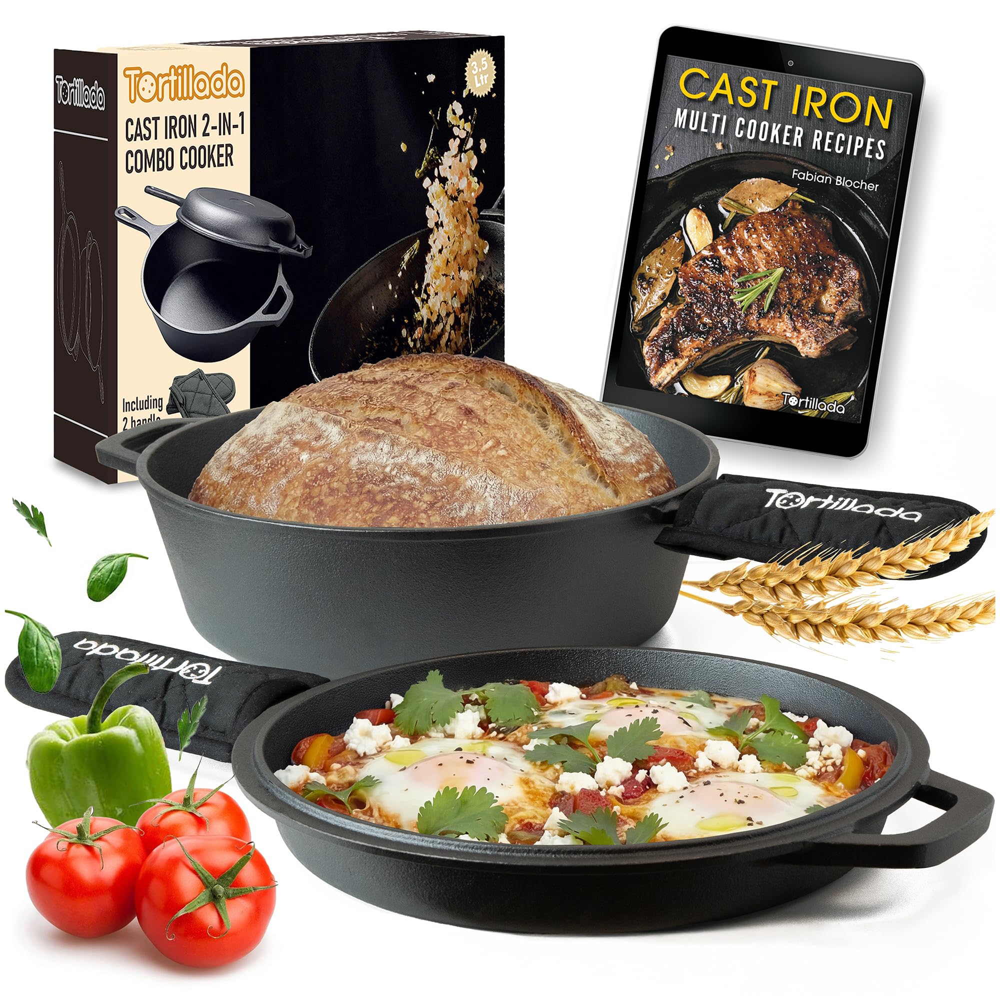 Tortillada – 2 in 1 Cast Iron Combo Cooker/Dutch Oven (3.5 Quart) + Cast Iron Pan (10 Inch) + Handle Holder + E-Book with 50 Recipes