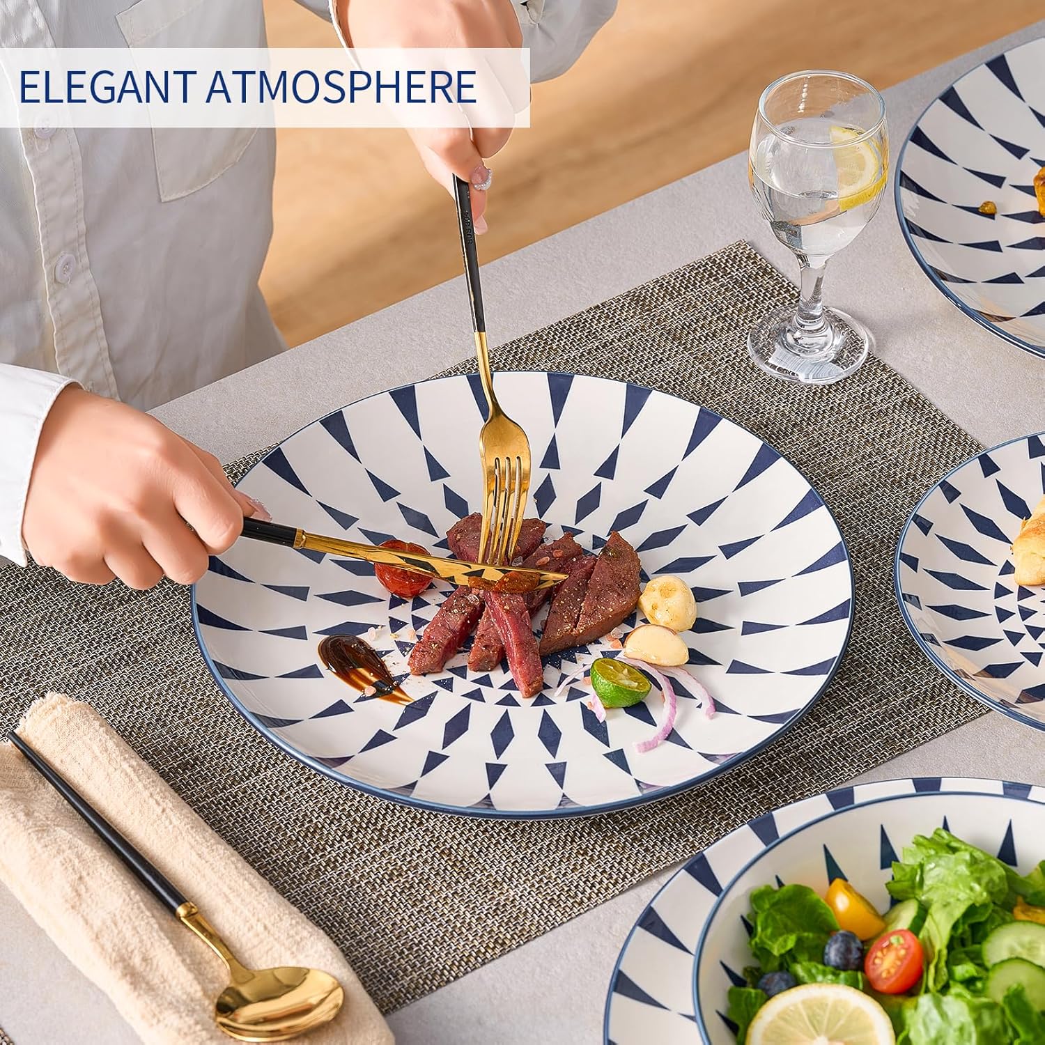 Bestone Ceramic 12-Pieces Dinnerware Sets, Ceramic Dish Plates and Bowls Sets, Dishes Set for 4, Dinner Salad Dessert Plates, and Cereal Bowls Set, Gift,Vintage Blue