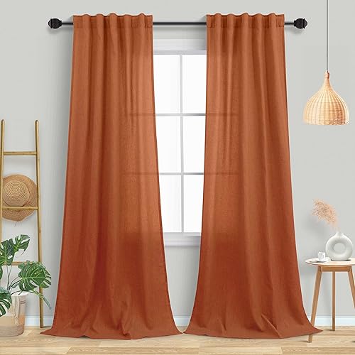 Miniatura 44 de Mrs.Naturall Cortinas transparentes verde esmeralda oscuro, cortinas de lino verde bosque para sala de estar, 63 pulgadas de largo, cortinas verdes