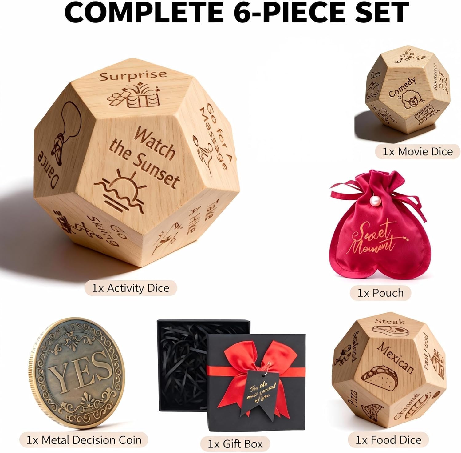 Fathers Day Dad Gifts - Date Night Dice Set for Couples - Wood Movies Activity Food Dinner Dice Decider & Metal Coin - 5th Anniversary Stocking Stuffers Gifts for Men Women Husband Wife