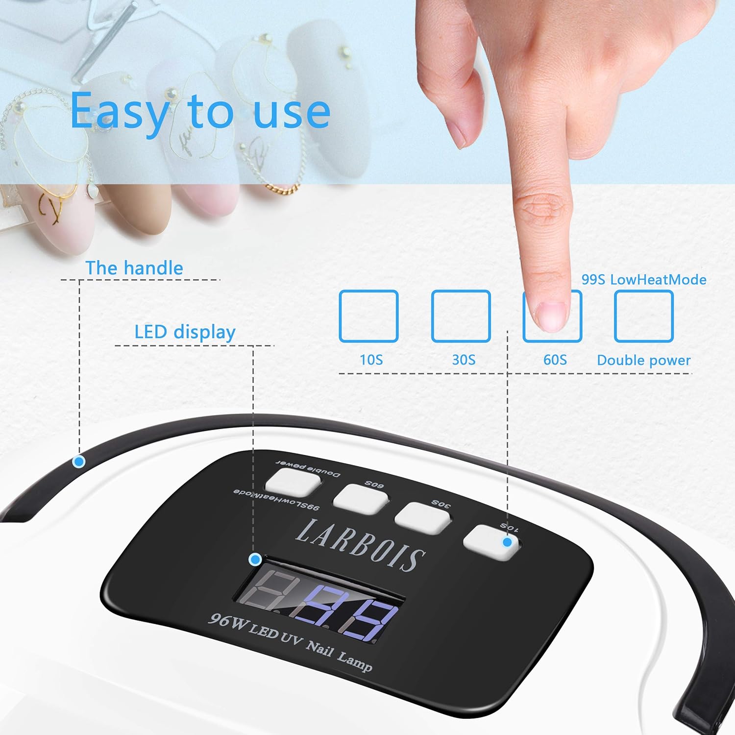96W Nail Lamp, Larbois Gel UV LED Nail Dryer for Nail Polish, for Tow Hands & Toenail Gel Based Polishes Auto Sensor Professional Manicure Curing Lamp, 4 Timer Setting Gel Lamp for Home and Salon Use : Beauty & Personal Care