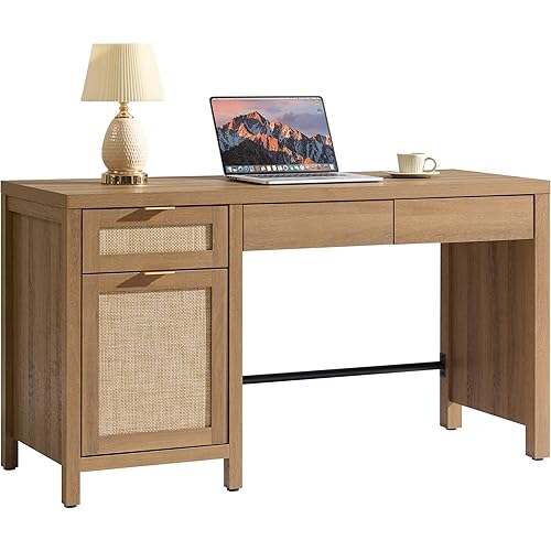 SICOTAS 55" Office Computer Desk with 3 Drawers - Rattan Writing Desk with Storage Boho Wood Home Office Desks, Modern Executive Desk Study Table Vanity Desks for Bedroom, Living Room, Oak