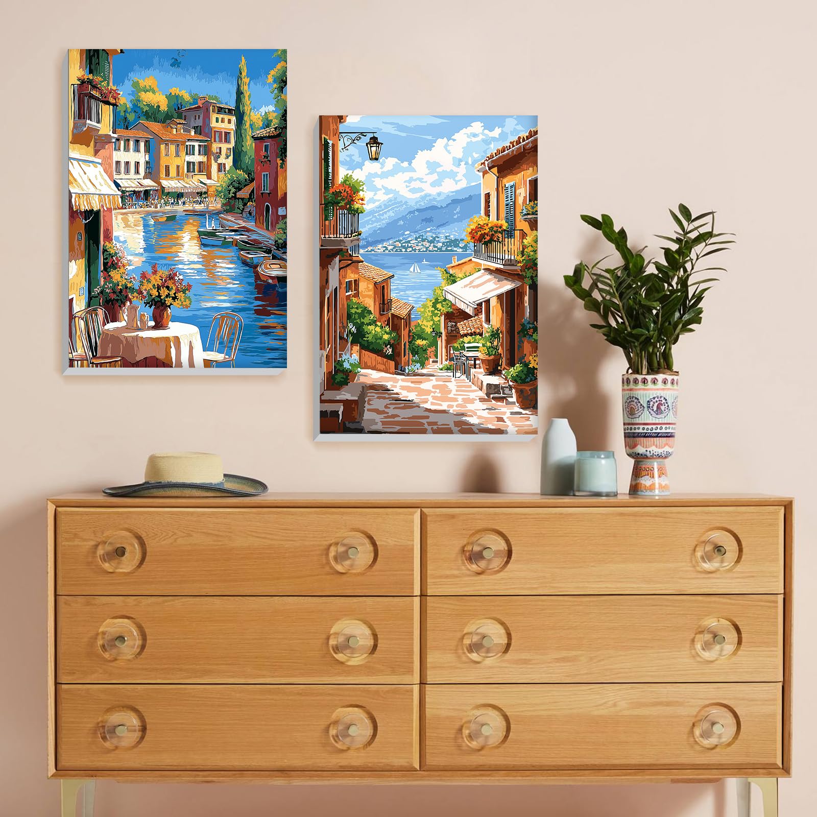 Lxmsja 2 Pezzi Dipingere con i Numeri Adulti Con Cornice, Paesaggio Paint by Numbers Kit Principianti Con 3 Penne, Hobby Creativi Adulti Idee Regalo Donna Decorazioni Casa - 20x30cm