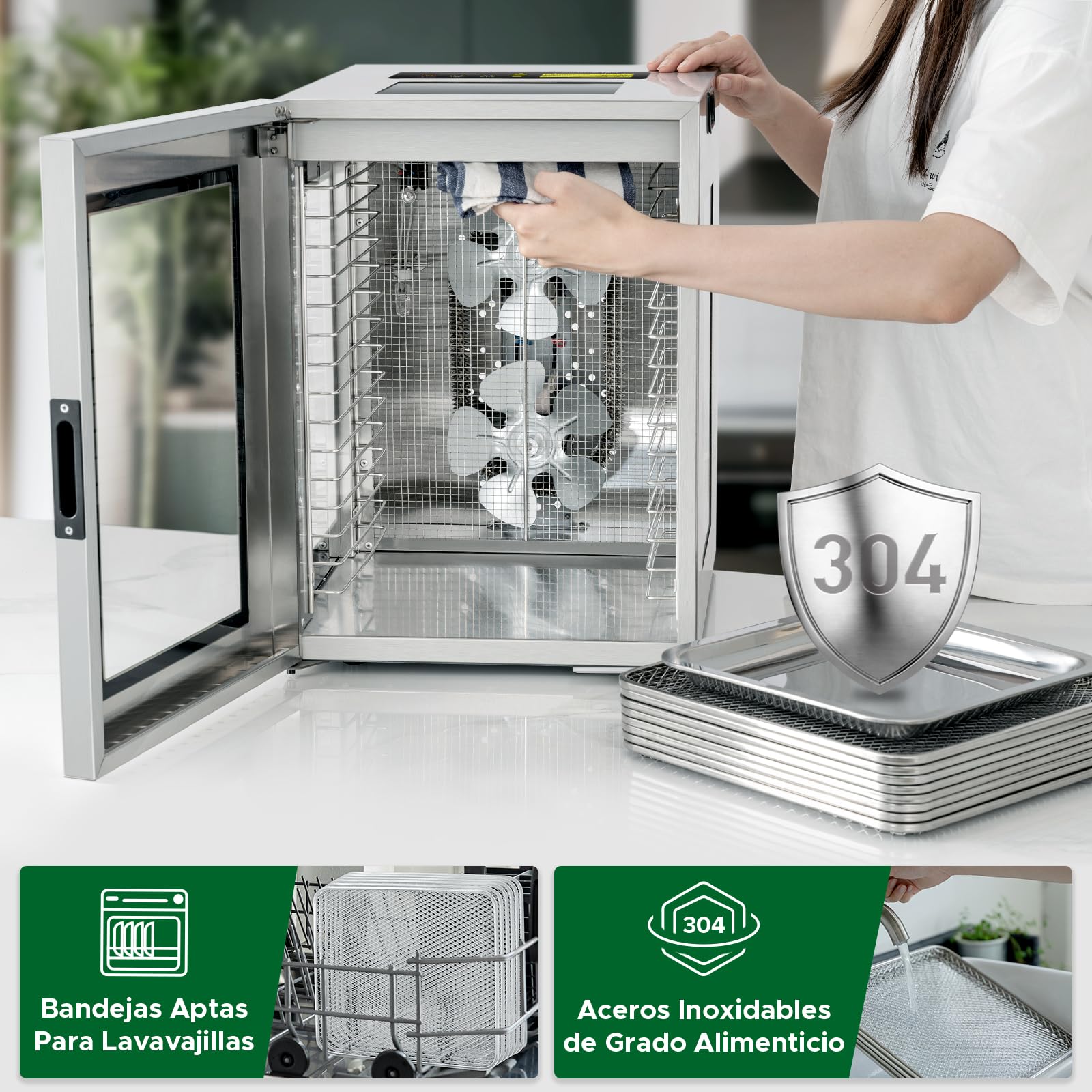 Kwasyo Deshidratador Alimentos 15 Bandejas Inox, 1200W Doble Ventilador, para Carne, Fruta, Snacks Perros, Hierbas, Temp. Ajustable 90°C, Temporizador 24H, Ventanas Múltiples, Secado Potente