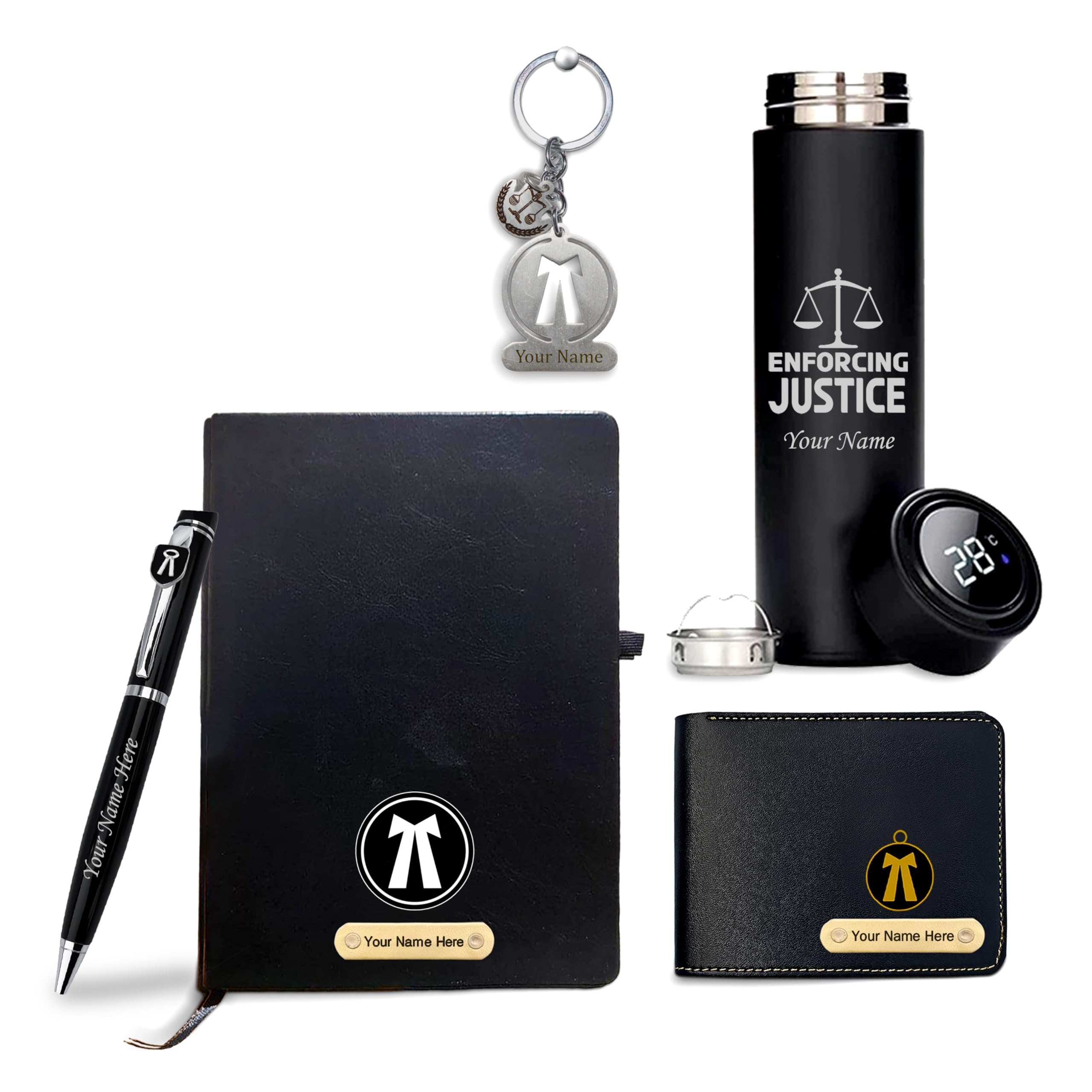 Leather Personalized Advocate's Gift Set-Key-Chain,Black Water Bottle,Pen,Wallet & Diary-All Items Personalize With Advocate Name For Gift For Law School Graduates Or Lawyers.-image-23