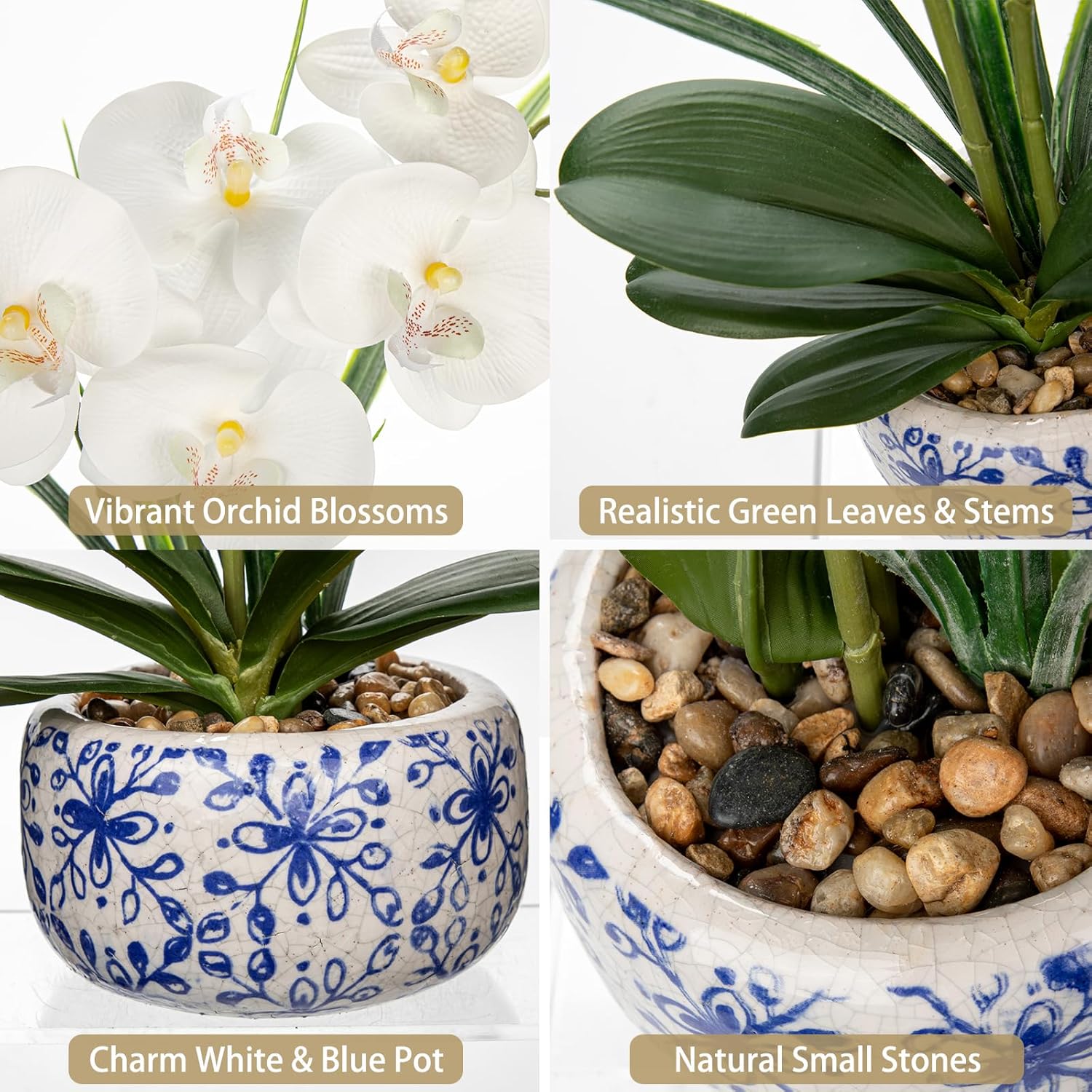 Oairse White Orchids Artificial Flowers in Pot 17.7" Faux Orchids Plant in Blue and White Pot Real Touch Fake Phalaenopsis Flower Arrangement Dinner Table Centerpiece for Dining Room Bathroom Decor - Image 3