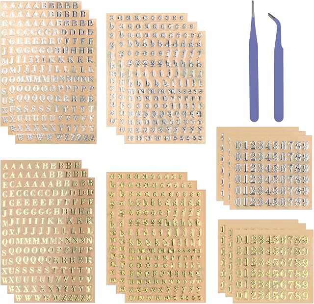 SAVITA 18 Sheets Tiny Letter Stickers, Letter Stickers Small Self Adhesive Glitter Alphabet Number Stickers with 2 Tweezers Metallic Letter Sticker for Scrapbook Photos DIY Crafts