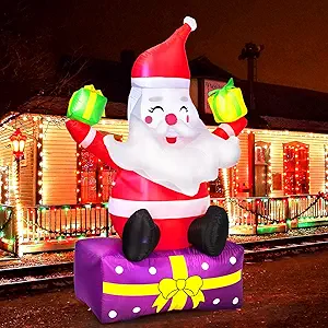 Inflatable 6 Ft Christmas Santa Claus with Gift Boxes Outdoor Yard Decor, Built-in LED Lights, Tethers, Stakes - Xmas Blow Up Decoration for Yard, Lawn, Garden - Christmas Inflatables